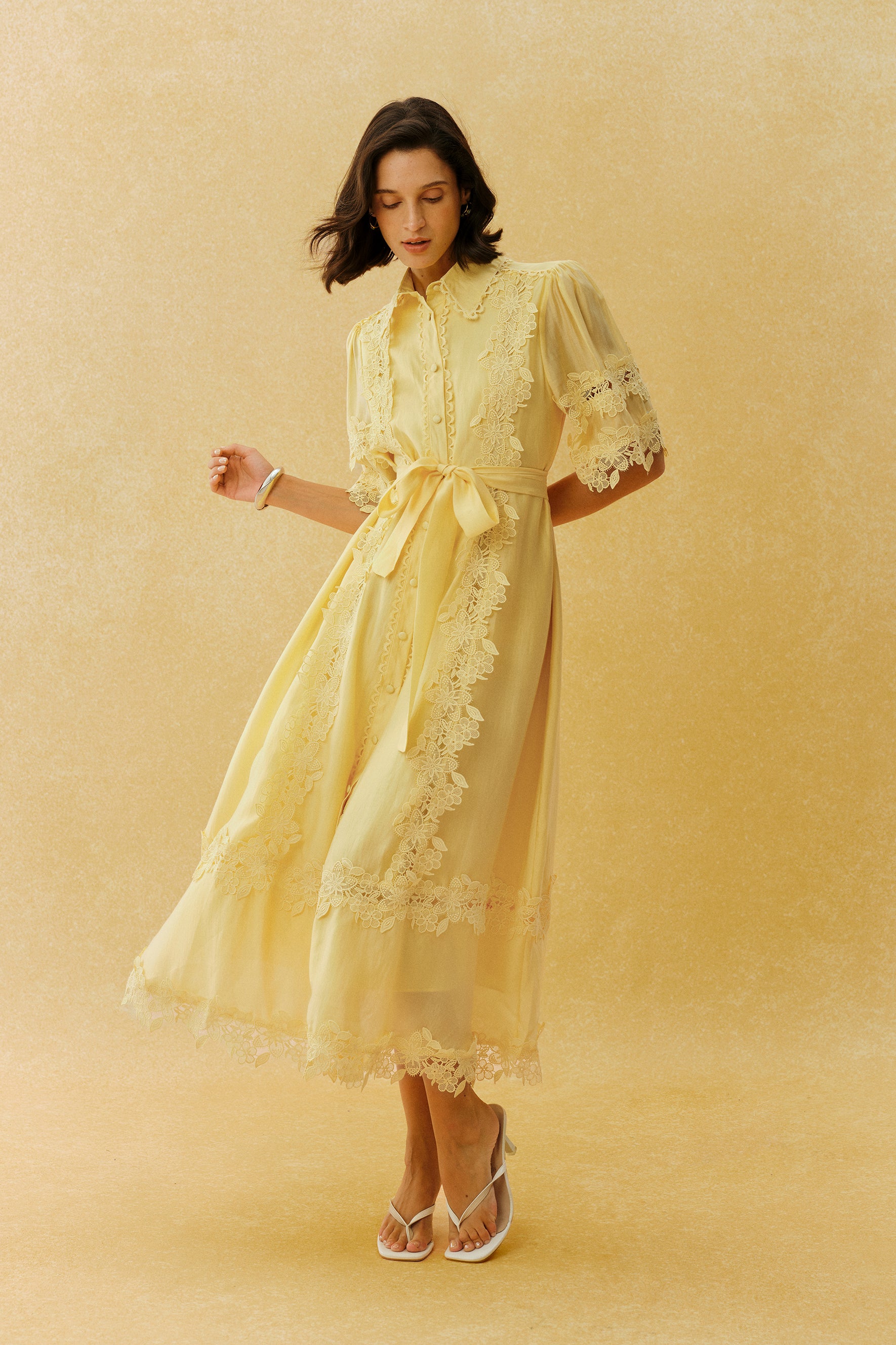 Chasing The Sun Yellow Lace Trim Short Sleeve Midi Dress