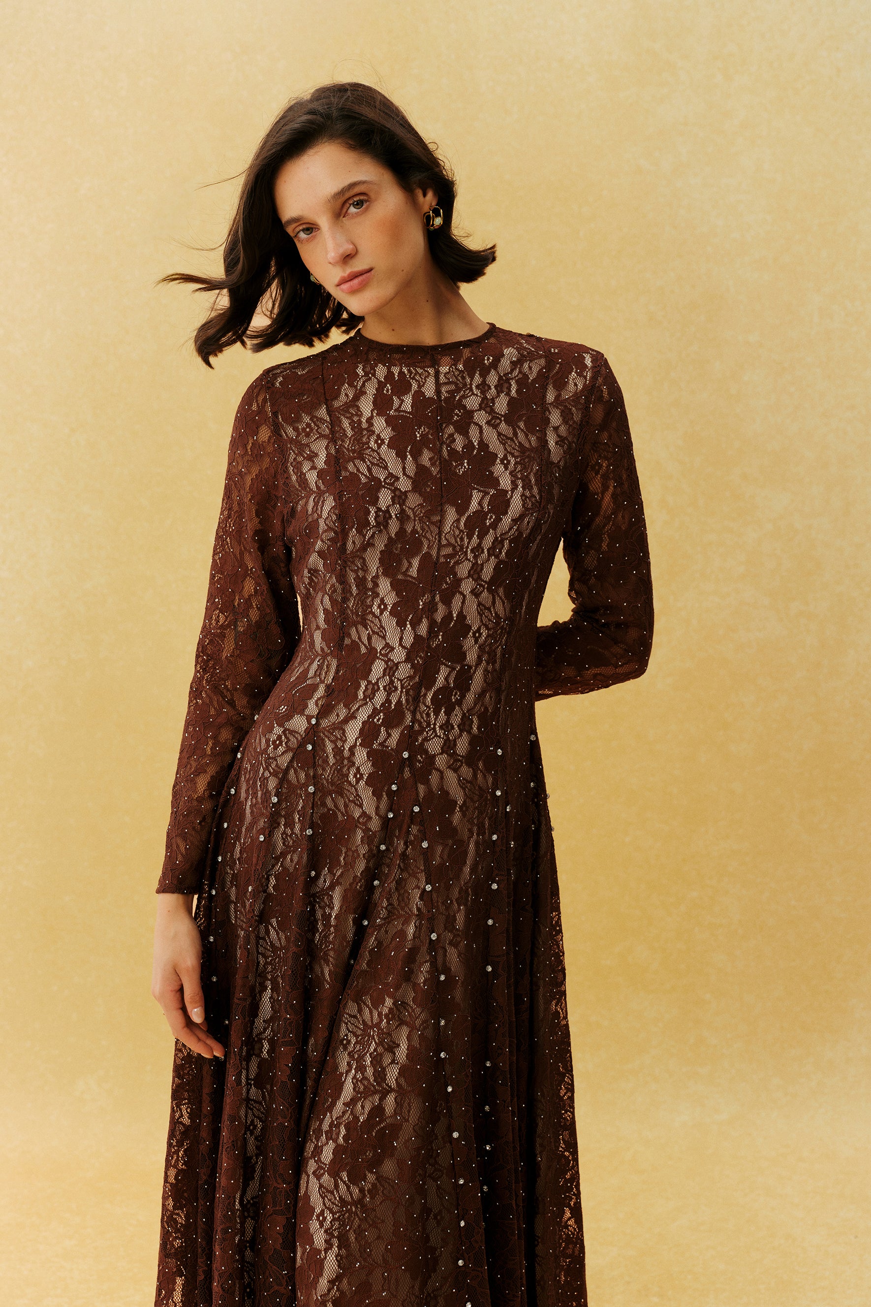 Little Secret Brown Floral Lace Embellished Long Sleeve Maxi Dress