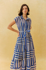 Breezy Little Secret Blue Striped Cap Sleeve Maxi Dress