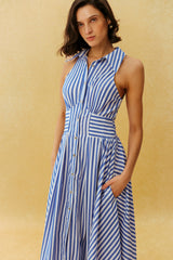 Favourite Girl Blue Striped Collar Sleeveless Maxi Dress