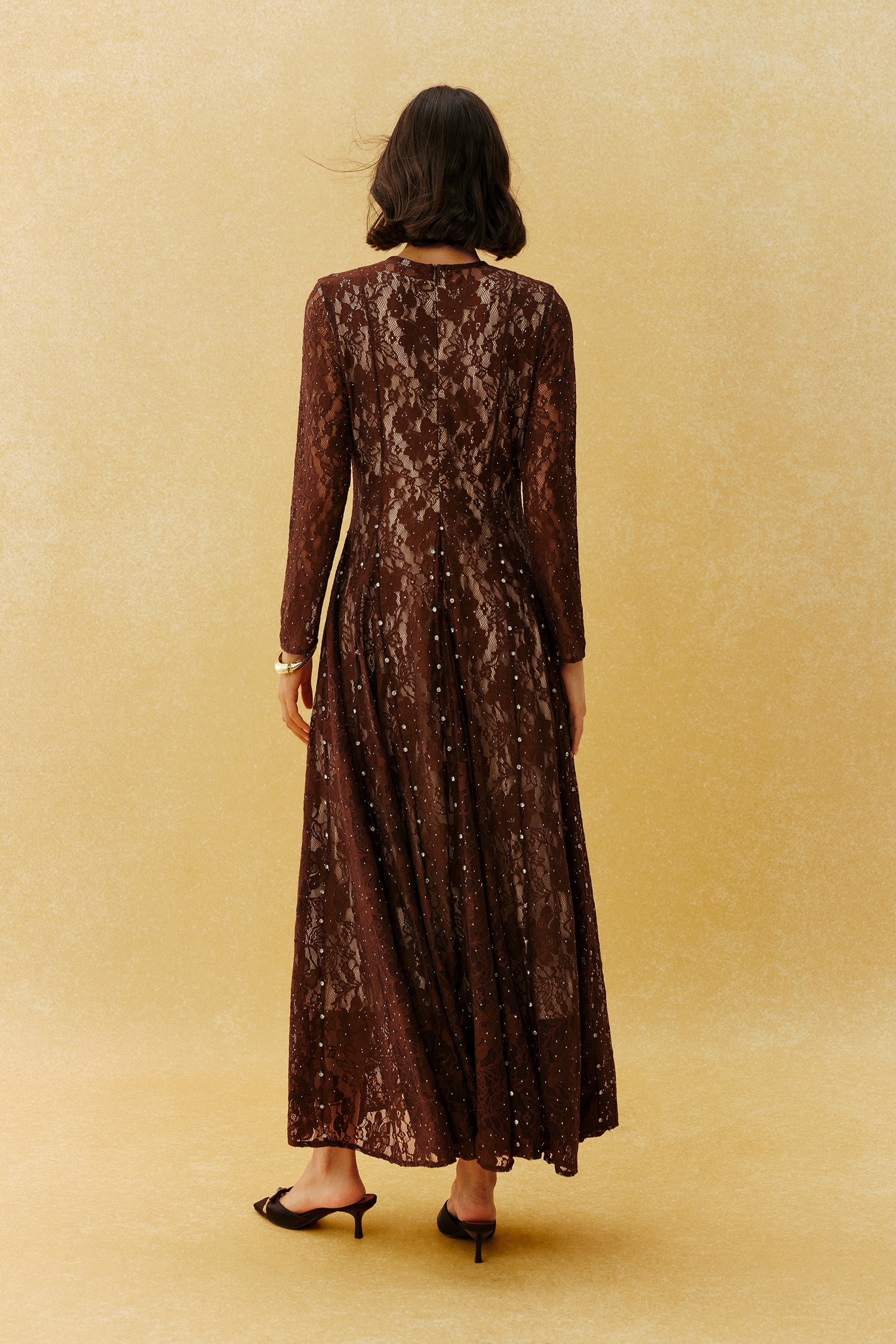 Little Secret Brown Floral Lace Embellished Long Sleeve Maxi Dress