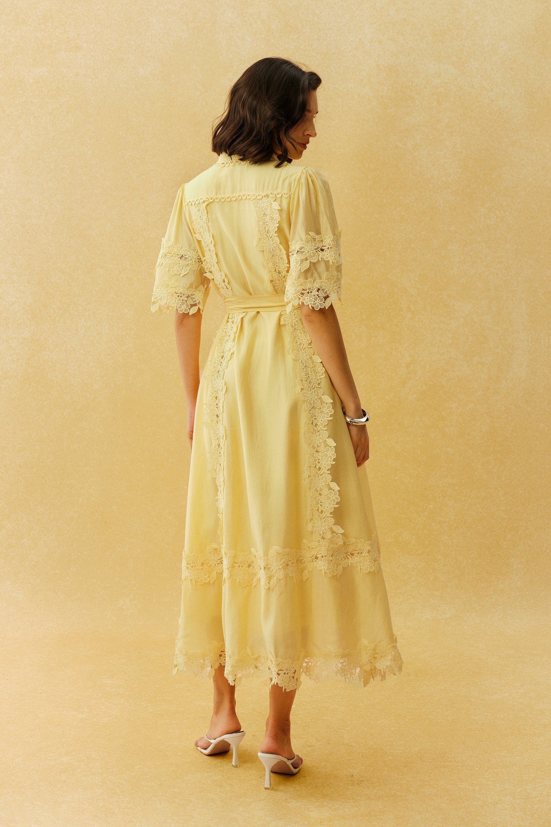 Chasing The Sun Yellow Lace Trim Short Sleeve Midi Dress