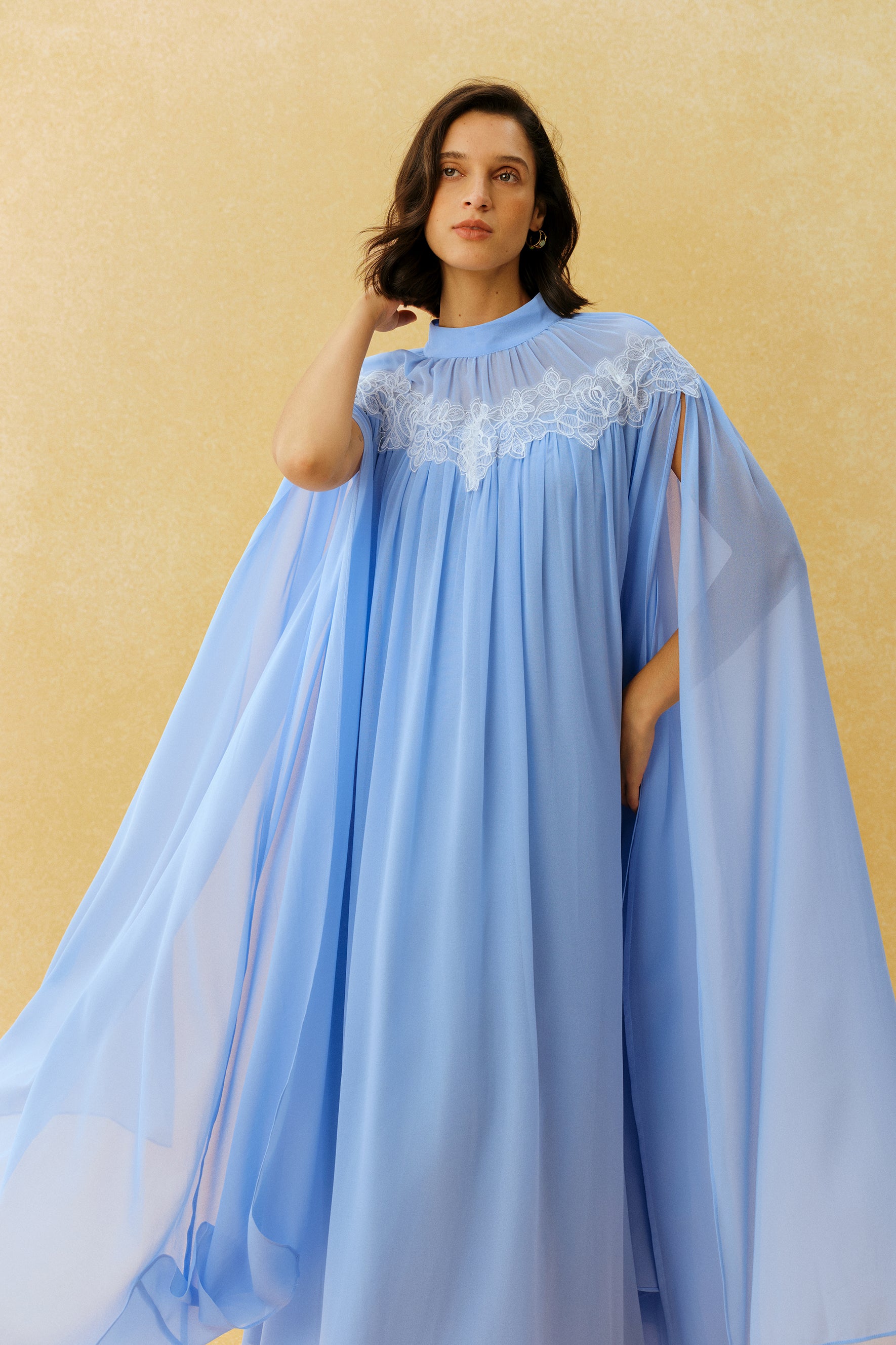 Glamorous Disposition Blue Lace Embroidery Cape Sleeve Maxi Dress