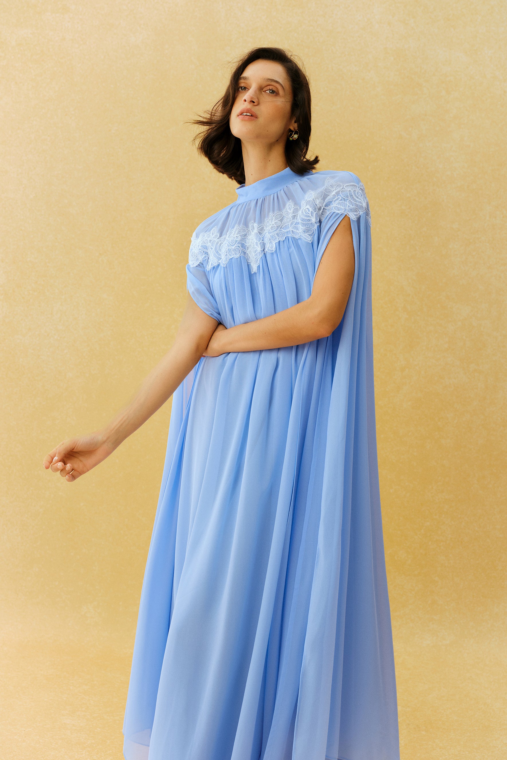 Glamorous Disposition Blue Lace Embroidery Cape Sleeve Maxi Dress