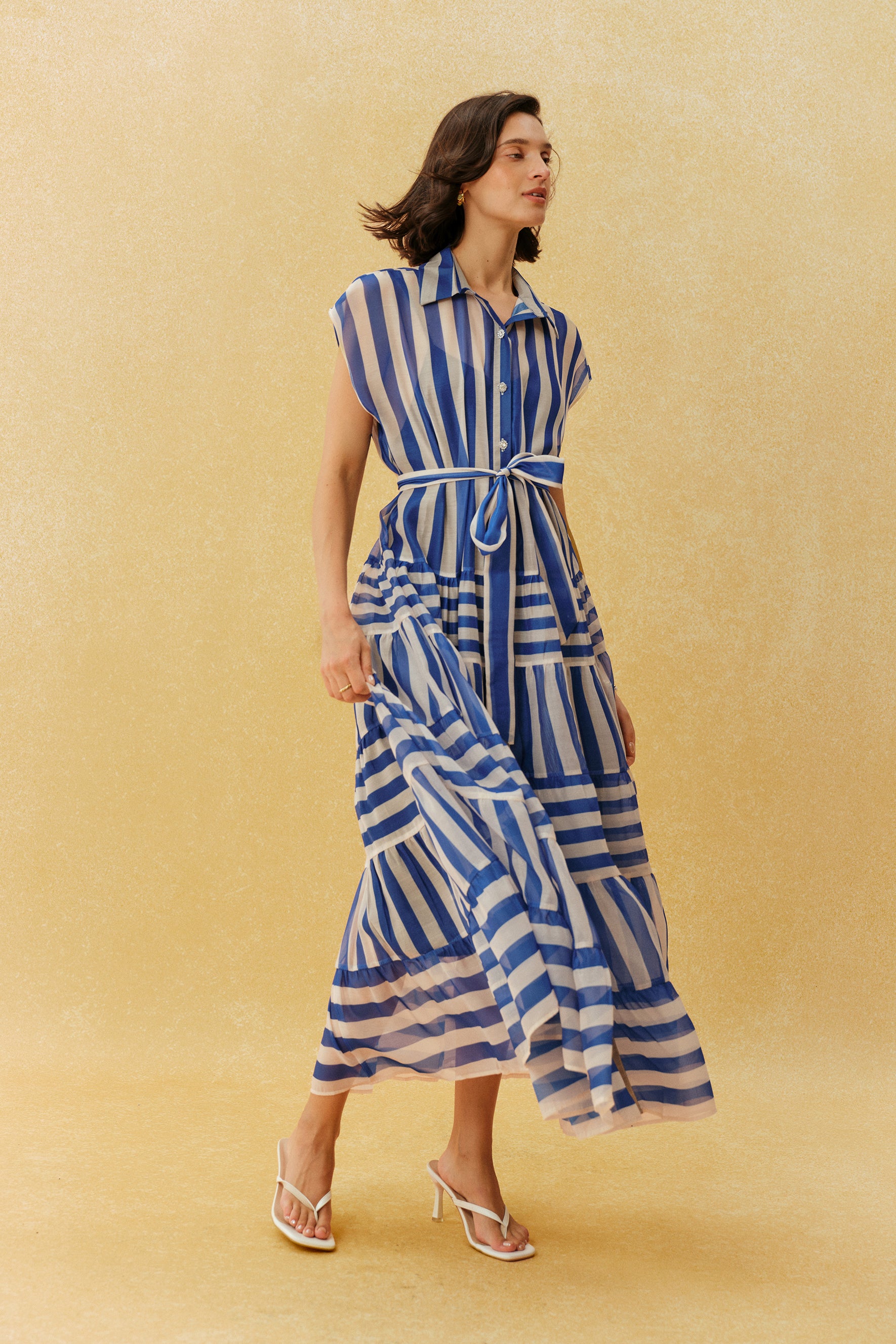 Breezy Little Secret Blue Striped Cap Sleeve Maxi Dress