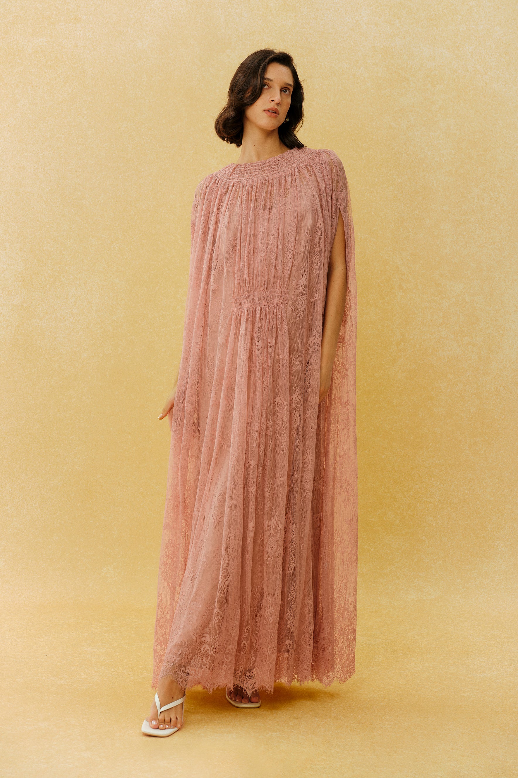 Can't Look Away Pink Floral Lace Cape Sleeve Maxi Dress