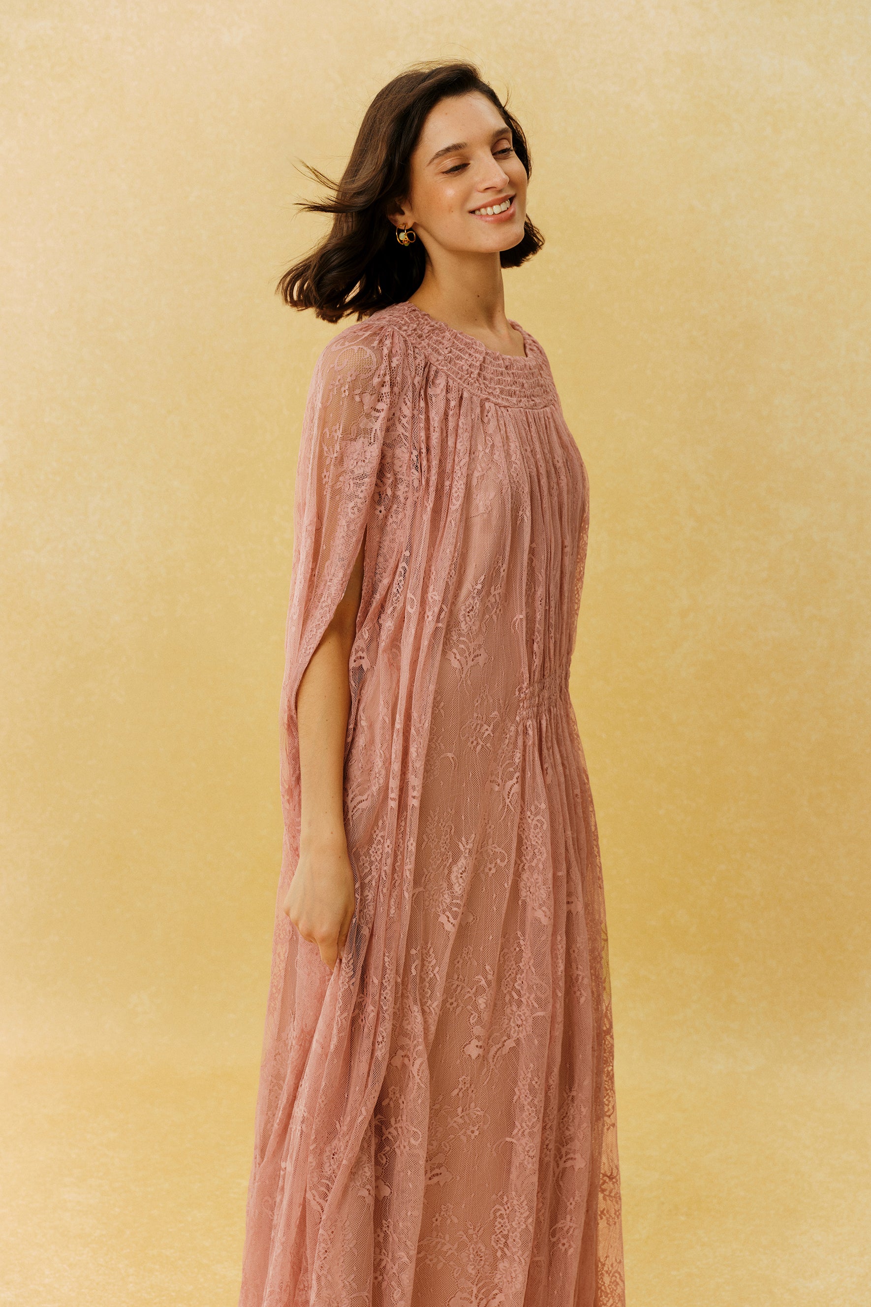 Can't Look Away Pink Floral Lace Cape Sleeve Maxi Dress