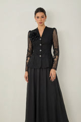 Evenings of Elegance Black Floral Embroidery Sheer Sleeve Top & Skirt Set