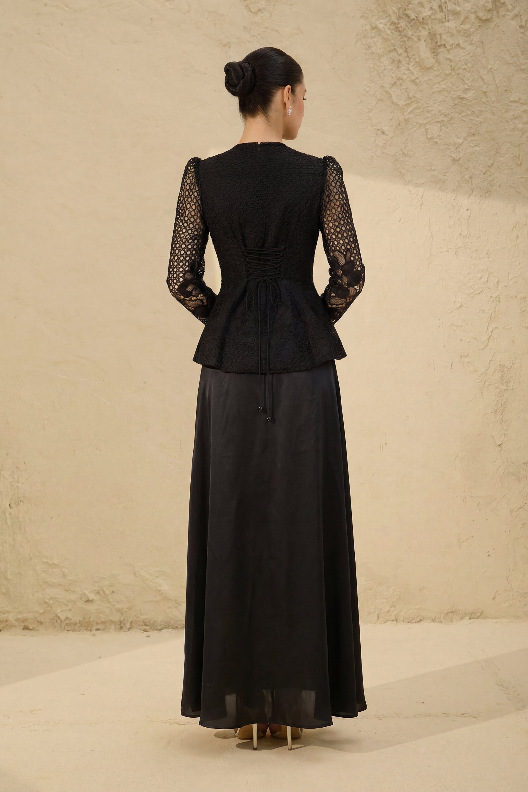 Evenings of Elegance Black Floral Embroidery Sheer Sleeve Top & Skirt Set