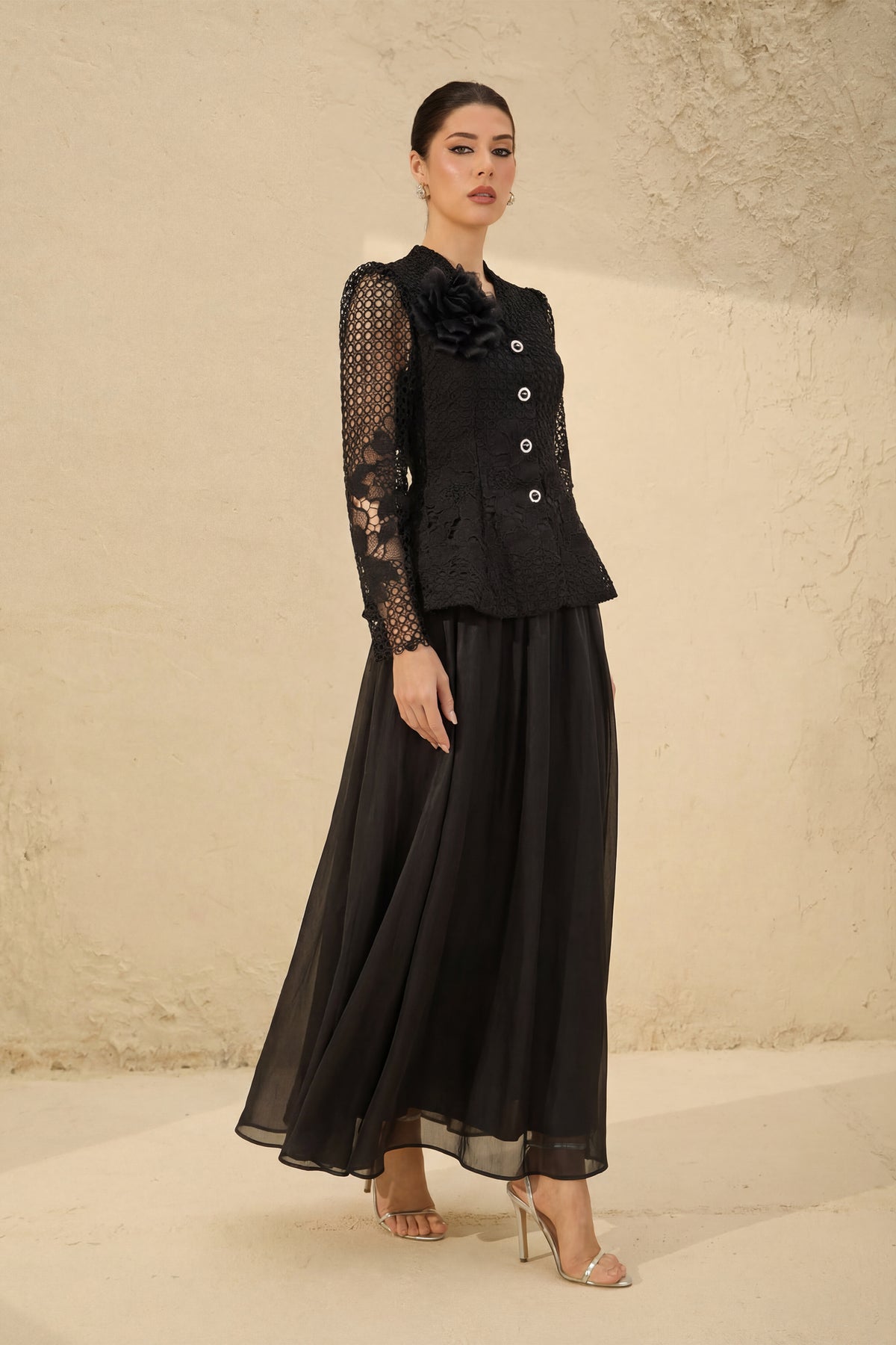 Evenings of Elegance Black Floral Embroidery Sheer Sleeve Top & Skirt Set