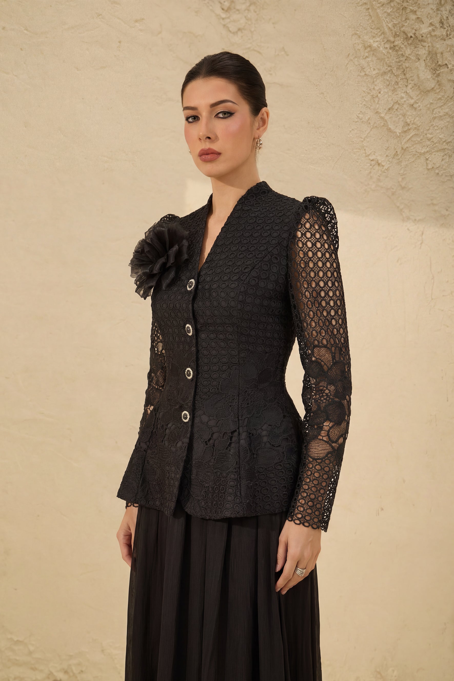 Evenings of Elegance Black Floral Embroidery Sheer Sleeve Top & Skirt Set