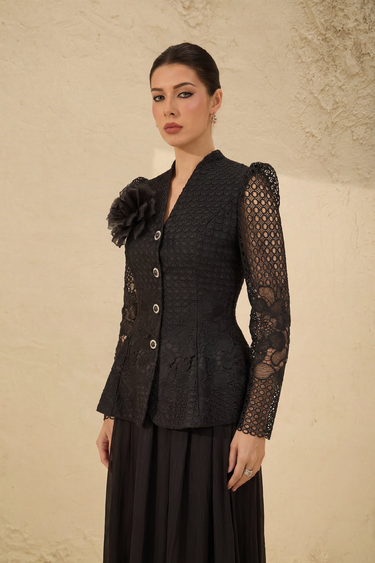Evenings of Elegance Black Floral Embroidery Sheer Sleeve Top & Skirt Set
