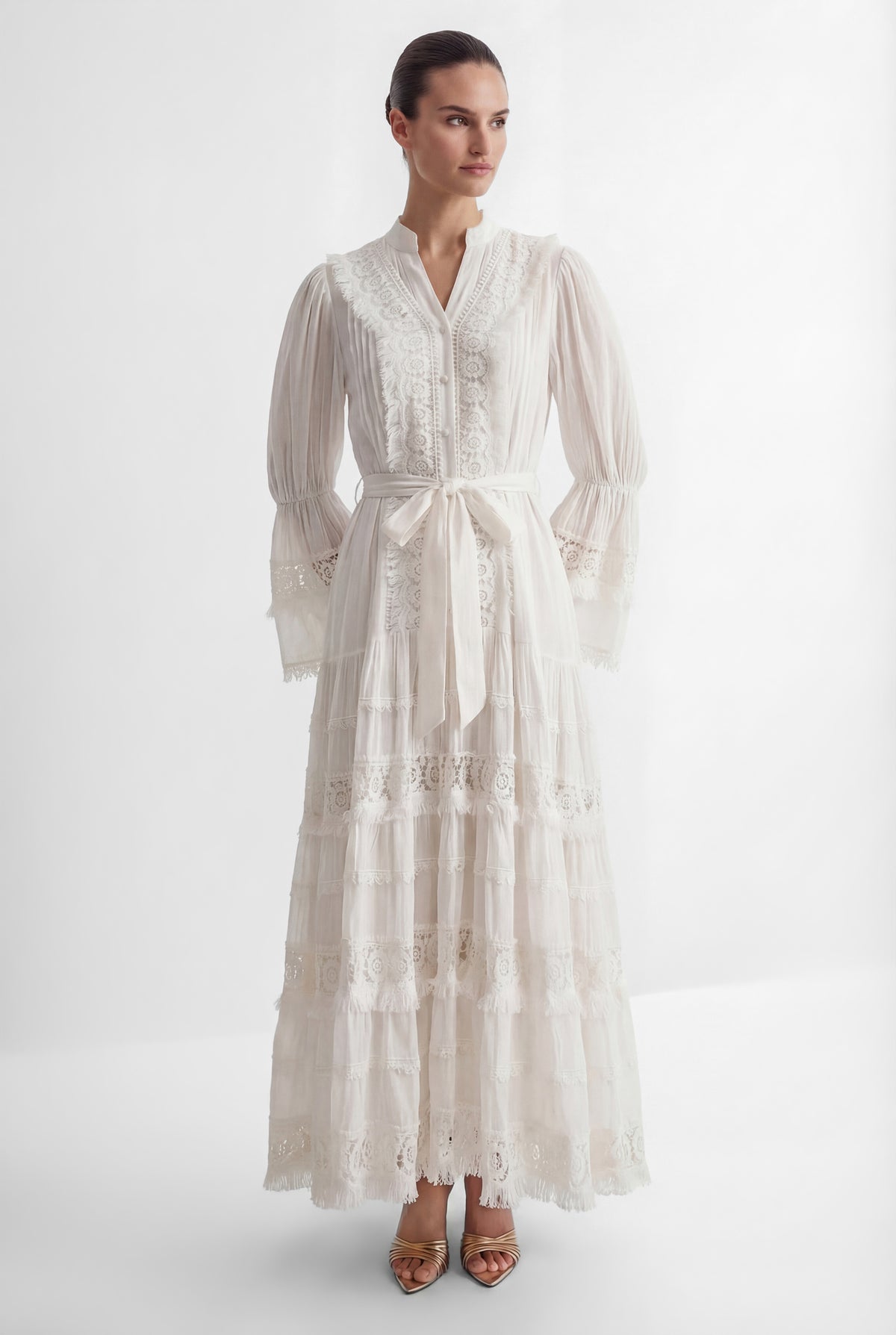 Graceful Darling White Floral Lace Bell Sleeve Maxi Dress