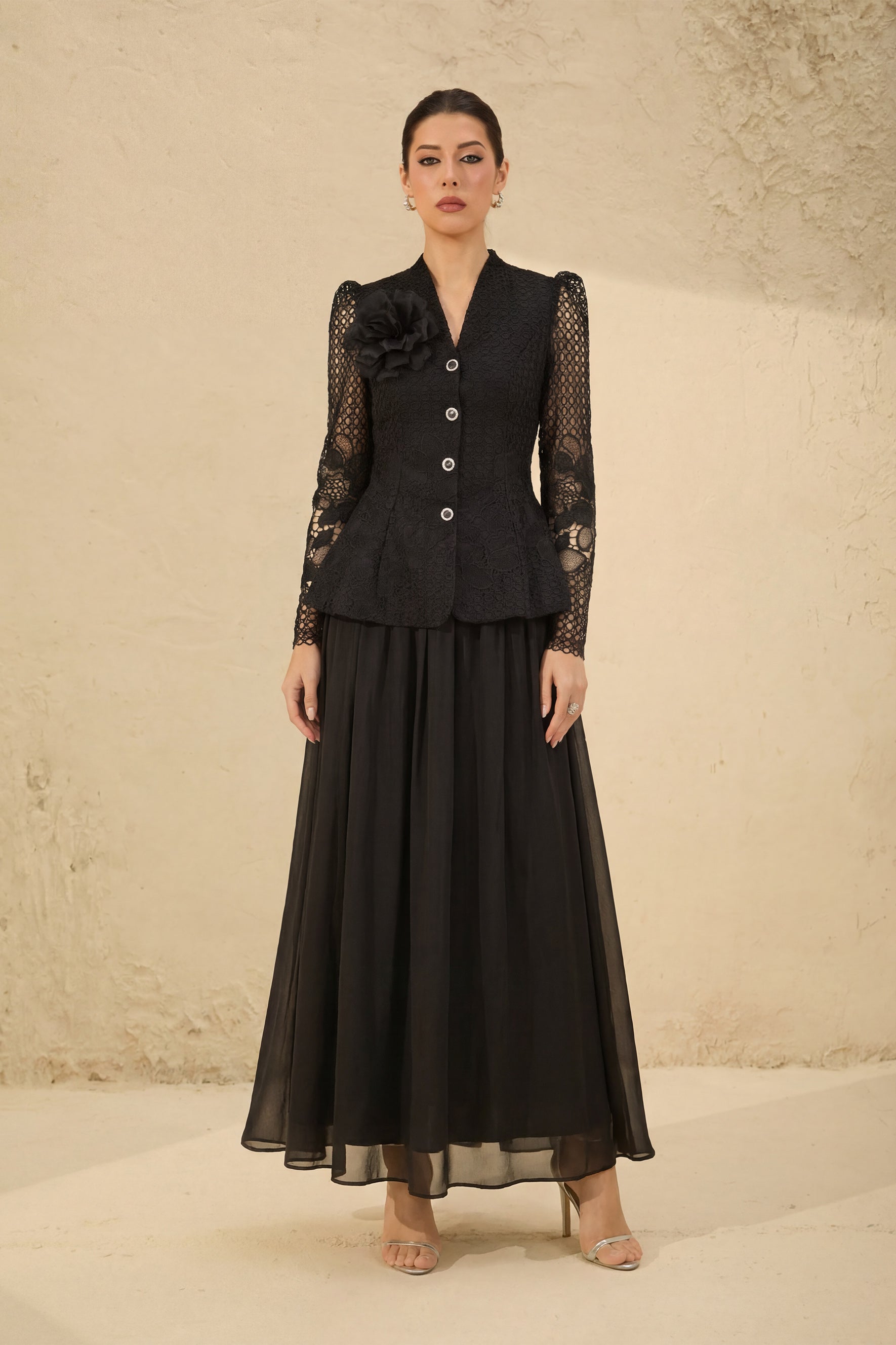 Evenings of Elegance Black Floral Embroidery Sheer Sleeve Top & Skirt Set