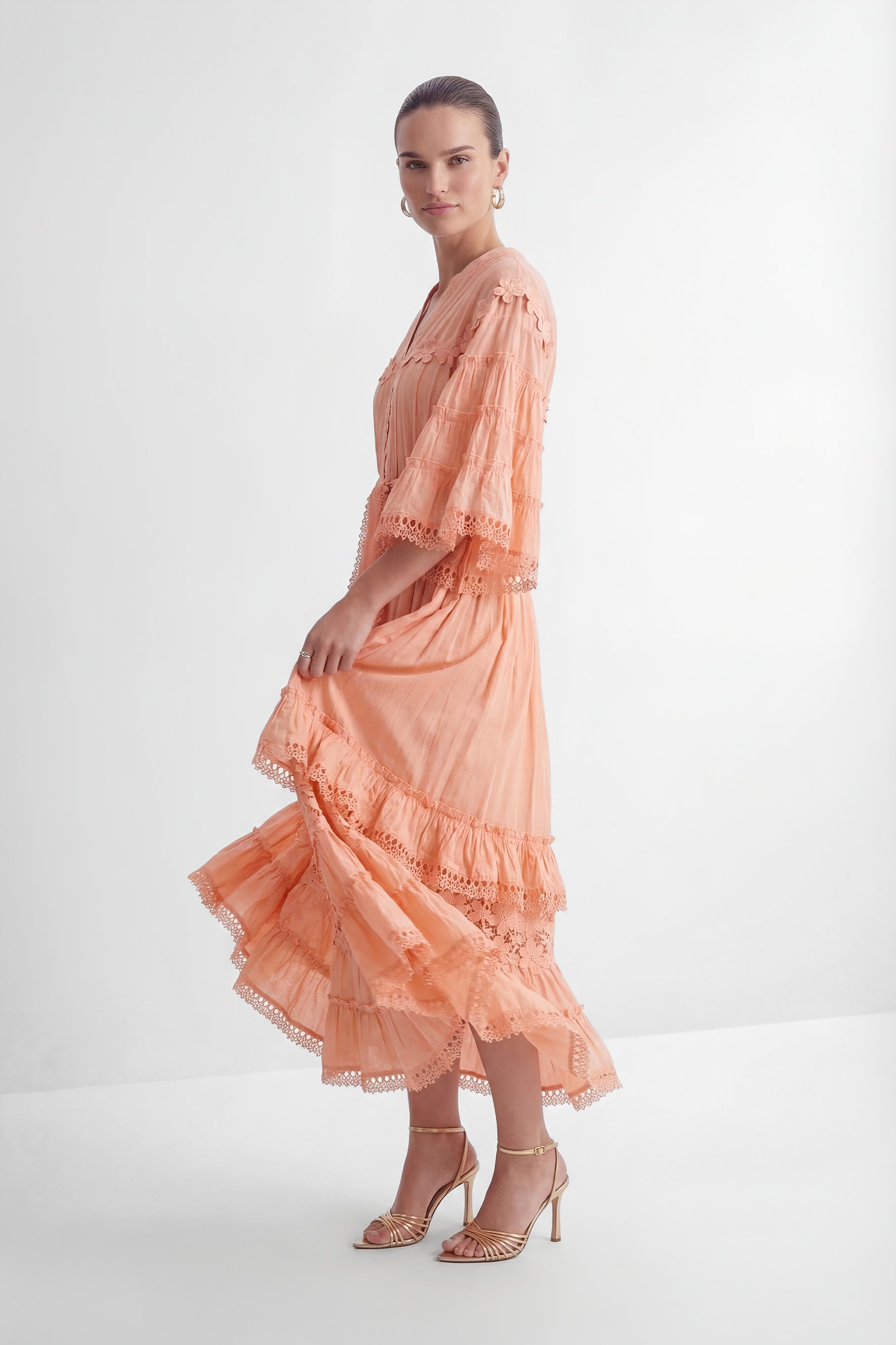 Sweet Sophistication Pink Floral Applique Tiered Maxi Dress