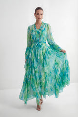 Vibes On Point Mint Green Abstract Print Tiered Ruffle Maxi Dress
