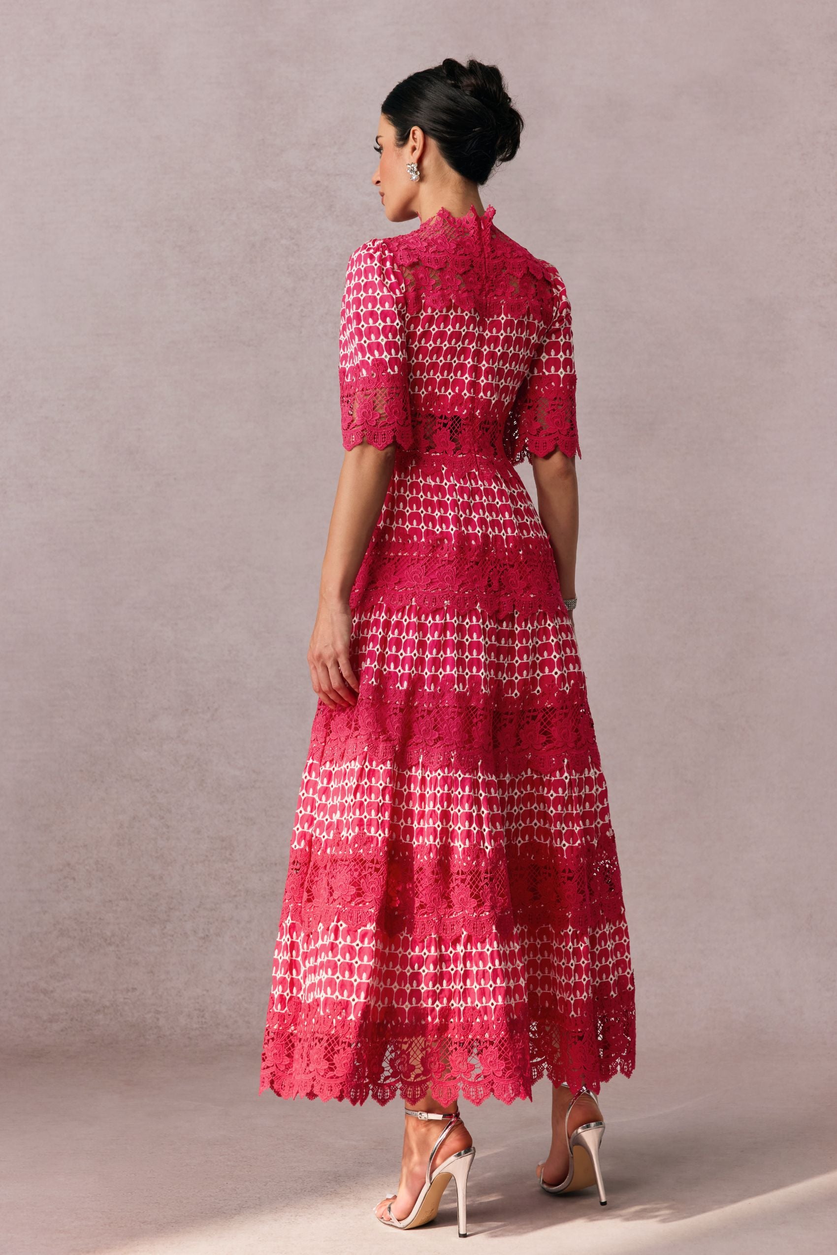 Sabrina Embroidered Lace Short Sleeve Midi Dress