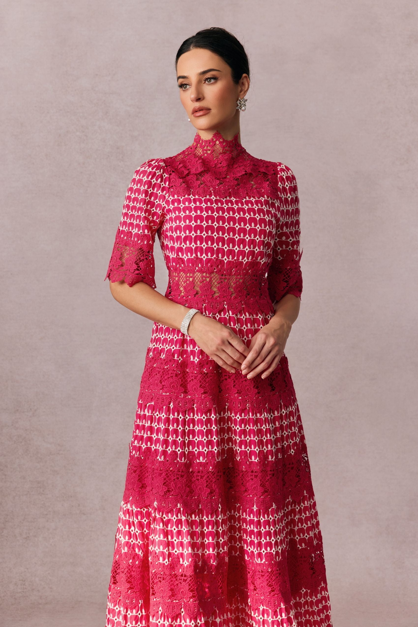 Sabrina Embroidered Lace Short Sleeve Midi Dress