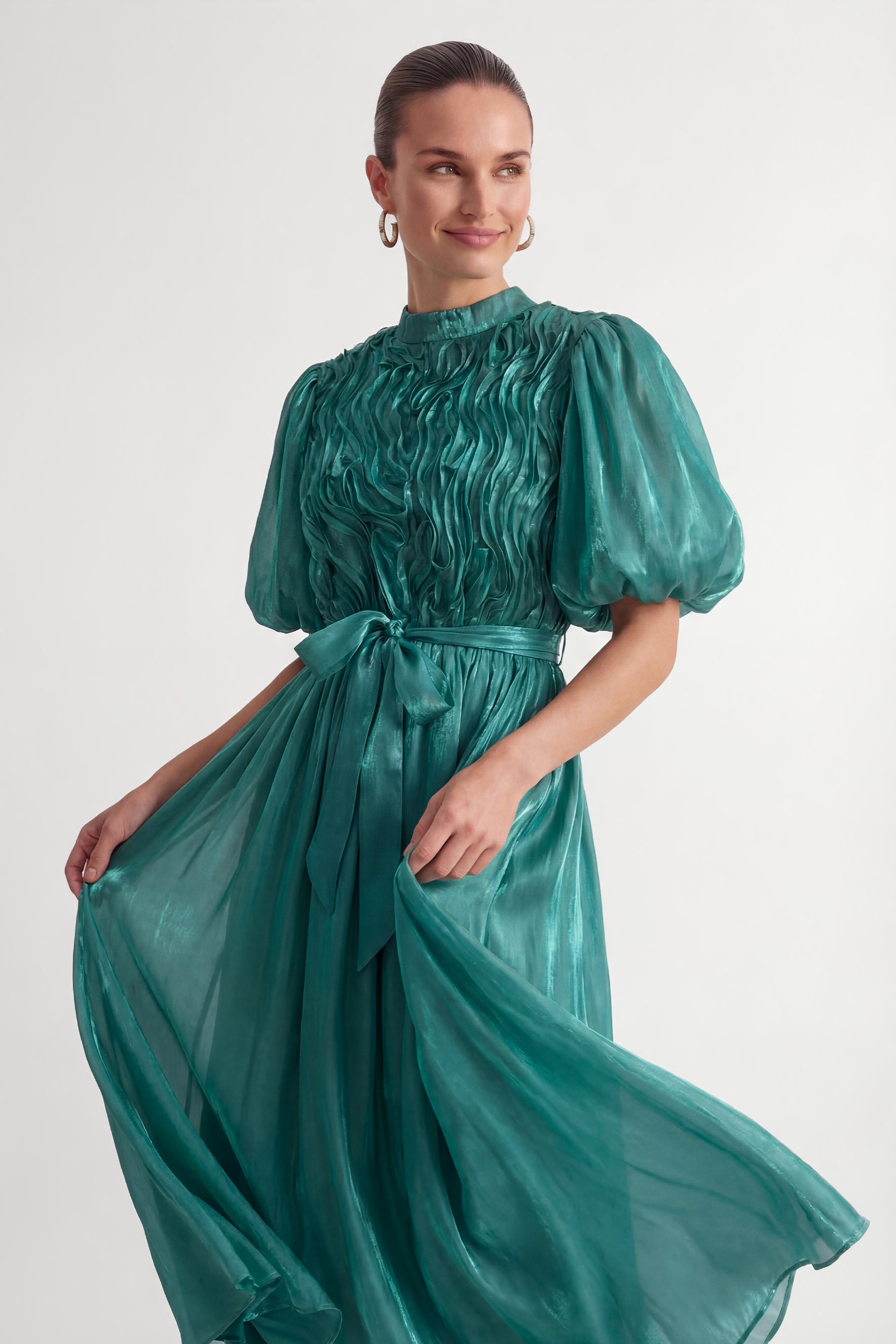 Graceful Darling Blue Ruffled Bodice Puff Sleeve Maxi Dress