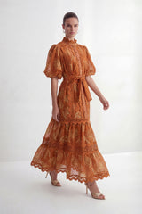 Secret Rendezvous Brown Leaf Embroidered Tiered Maxi Dress