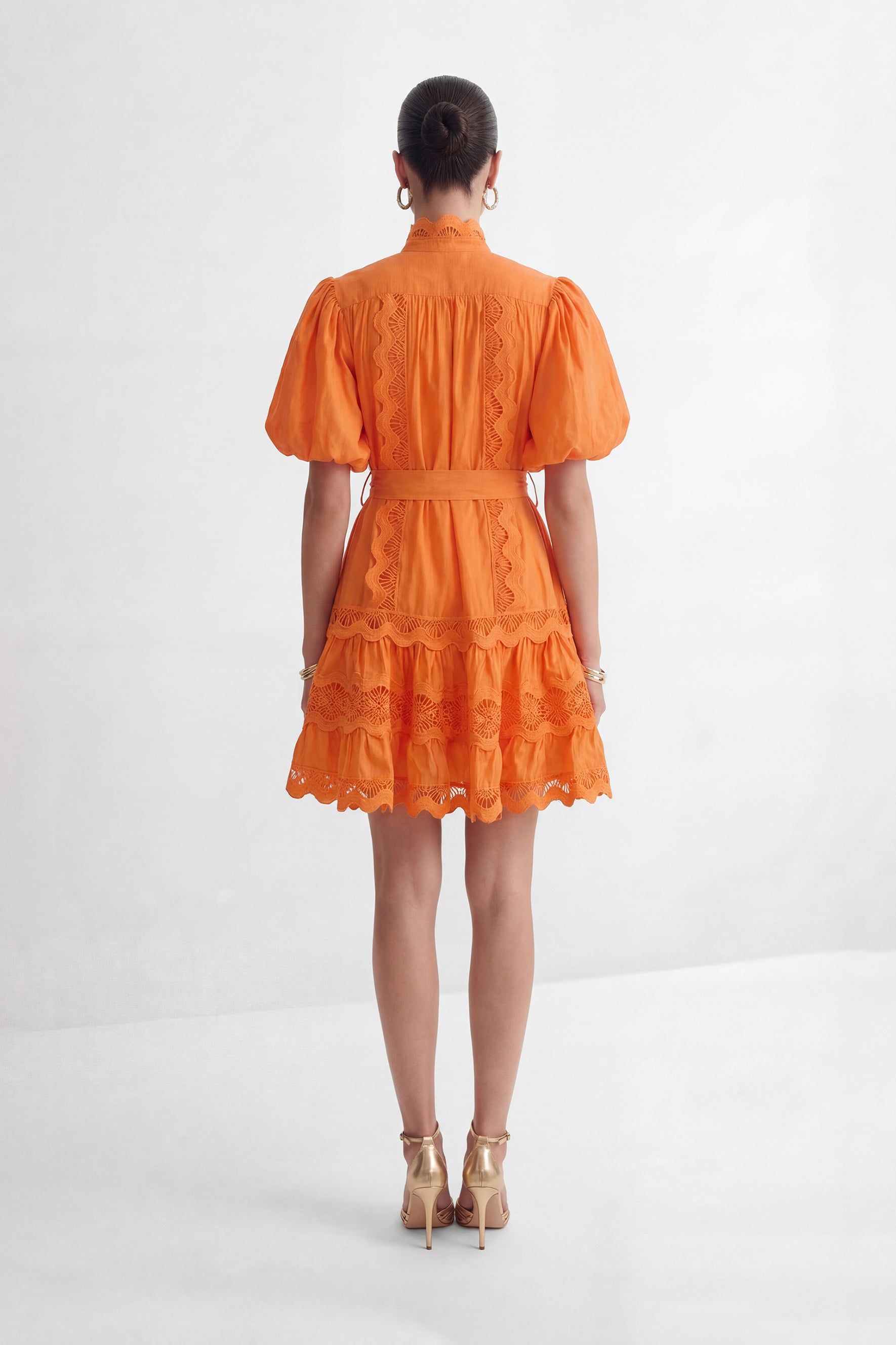 Gorgeous Essence Orange Lace Trim Tiered Mini Dress