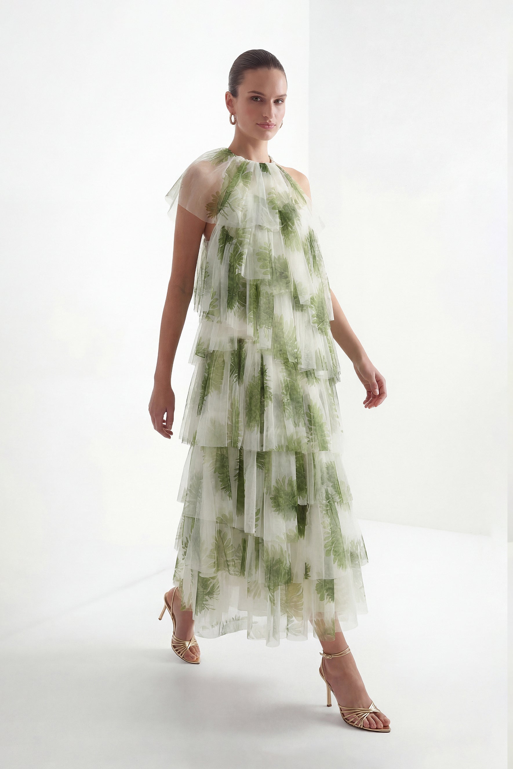 Garden Romance Green Leaf Print Tiered Tulle Maxi Dress