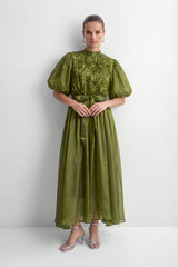 Graceful Darling Green Ruffled Bodice Puff Sleeve Maxi Dress