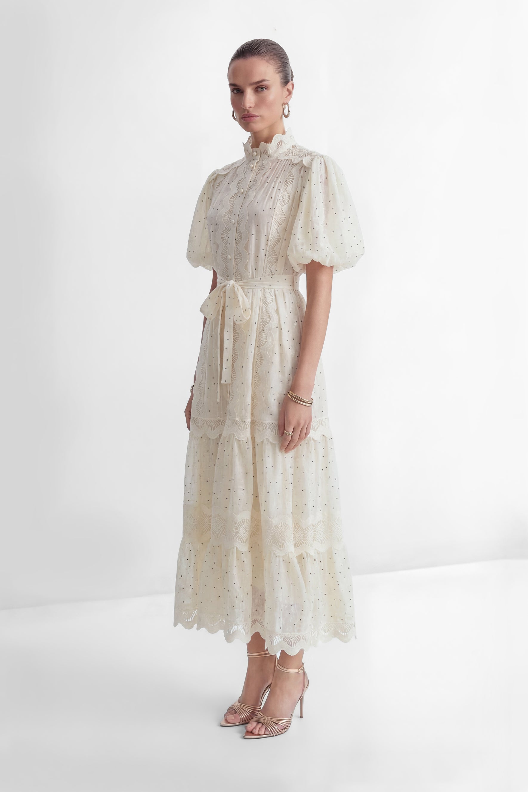 Momentous Love Beige Lace Trim Polka Dot Maxi Dress