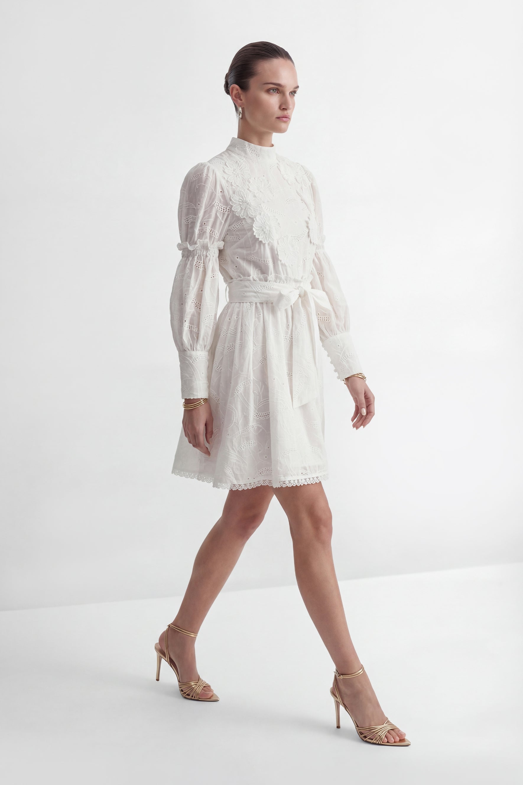 Loveliest Looks White Floral Embroidery Belted Mini Dress