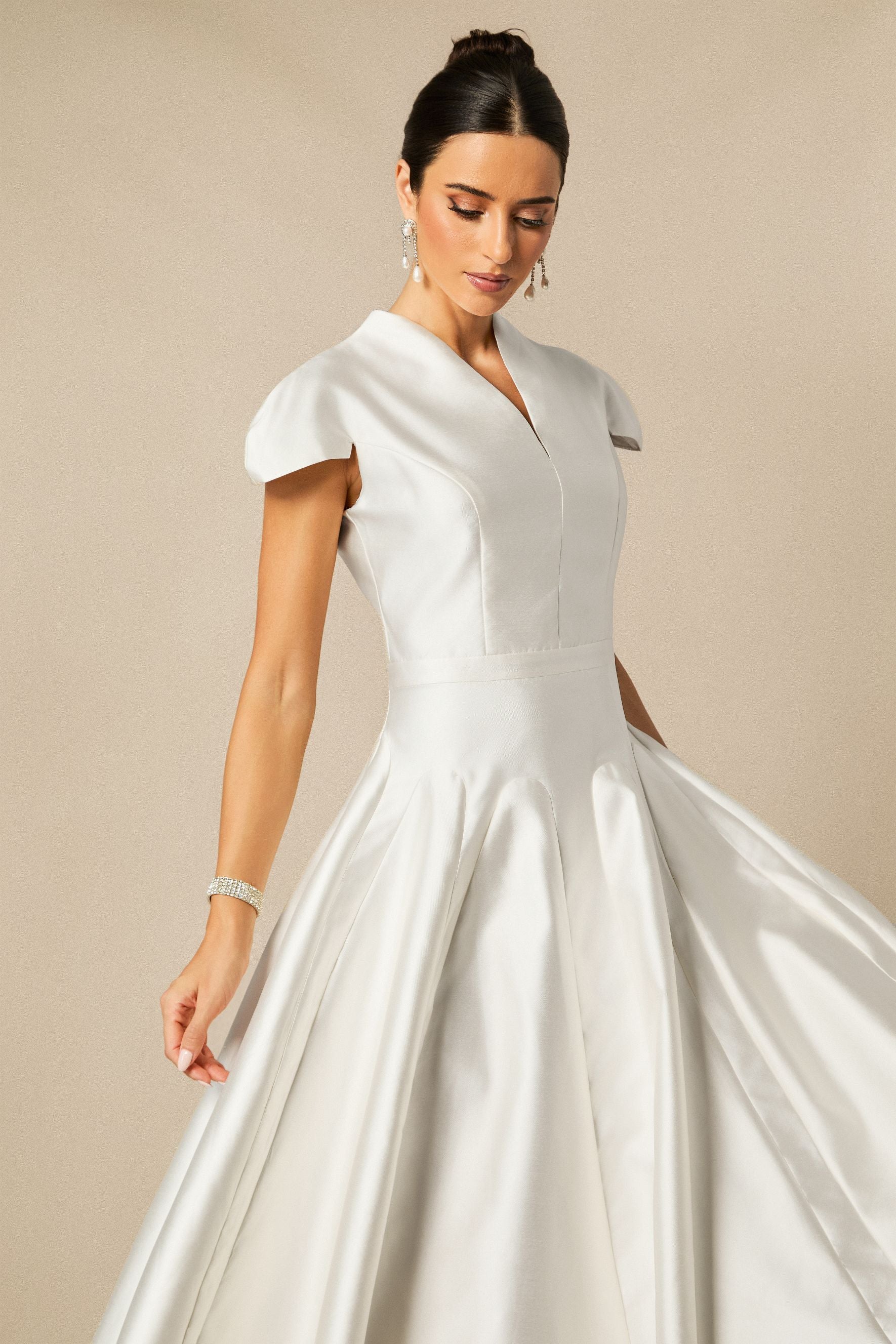 Tiana Cap Sleeve V-Neck Satin Midi Dress