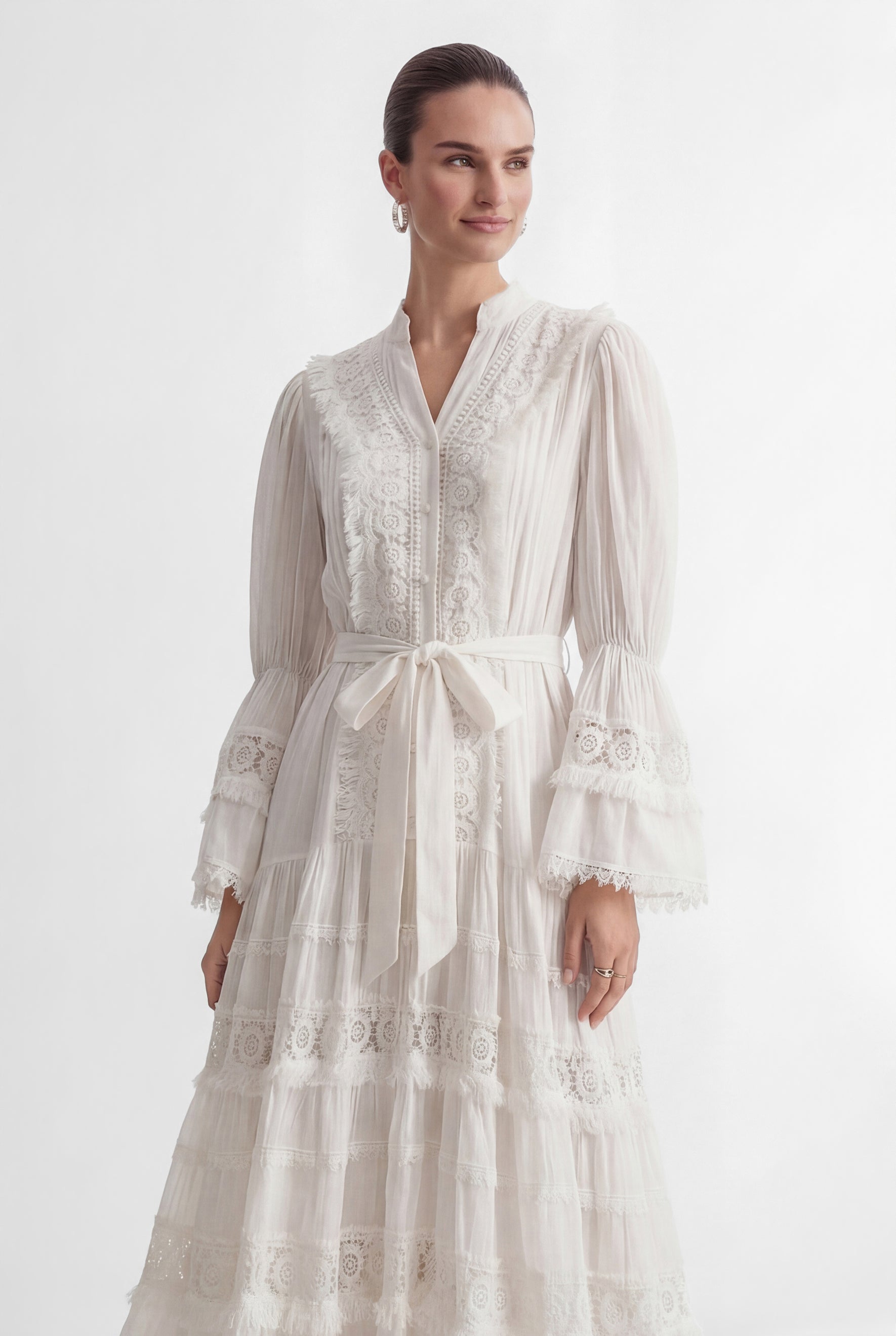 Graceful Darling White Floral Lace Bell Sleeve Maxi Dress