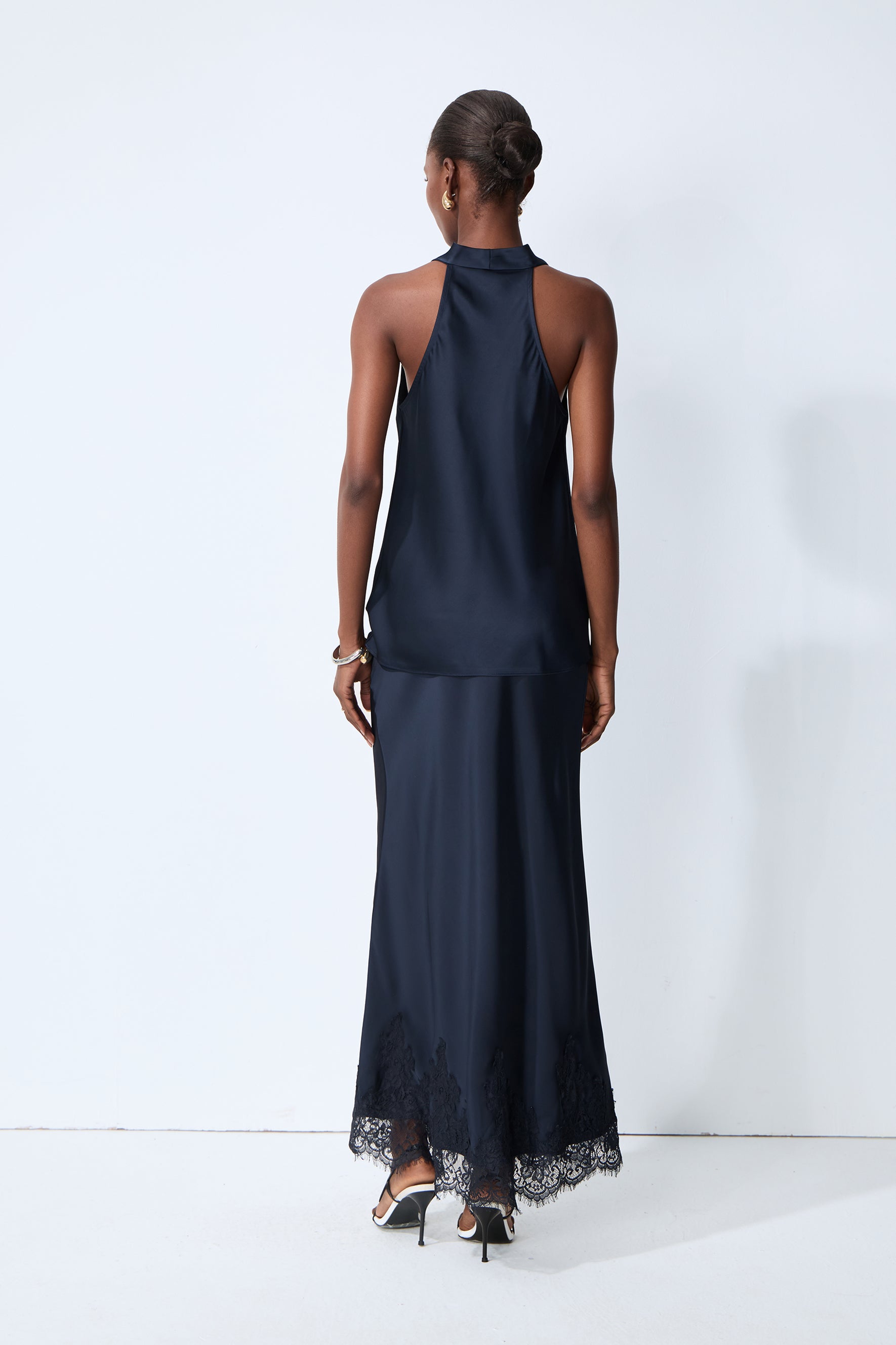 Soft Elegance Blue Bias Cut Lace Hem Maxi Skirt