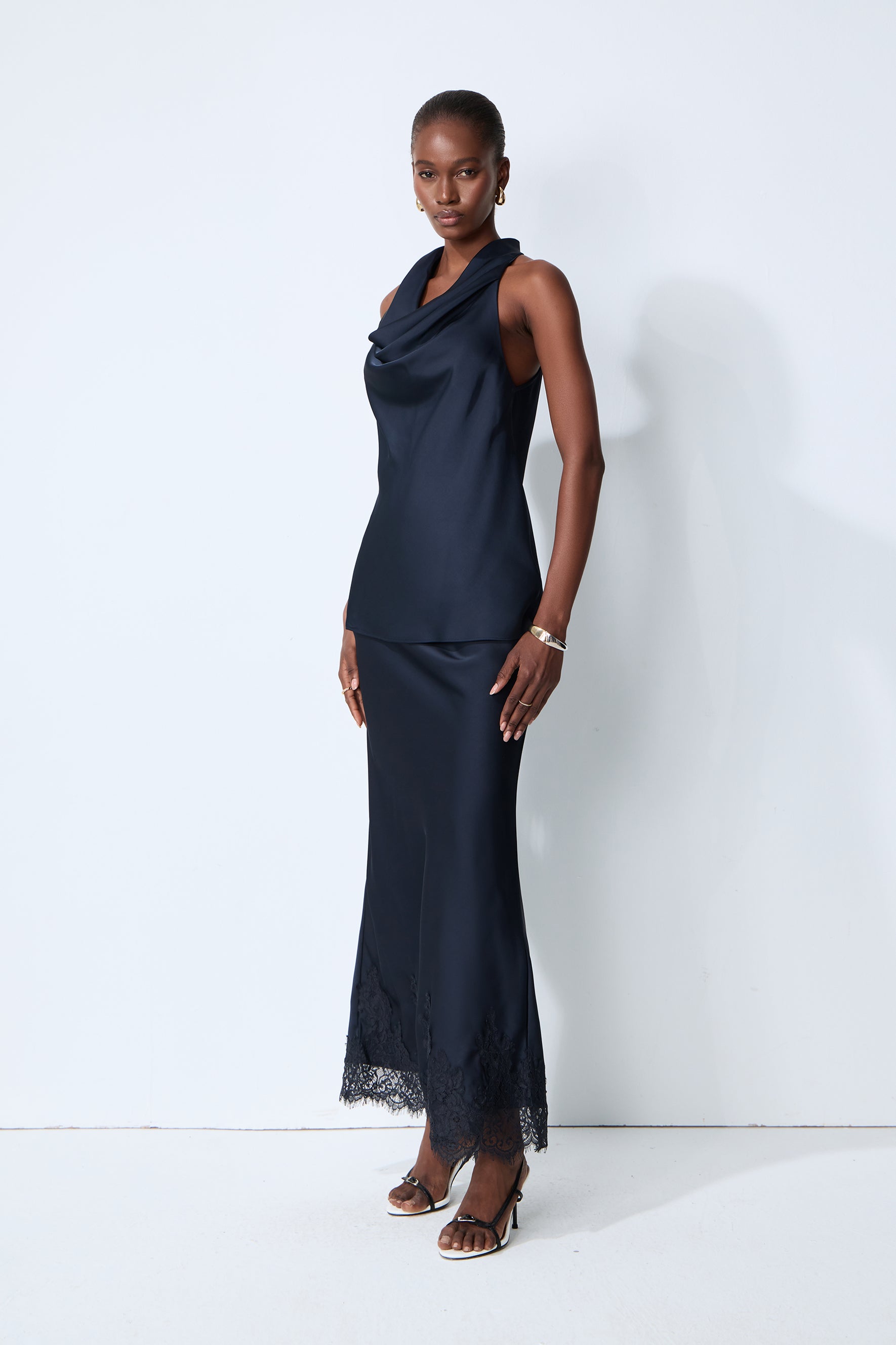 Soft Elegance Blue Bias Cut Lace Hem Maxi Skirt