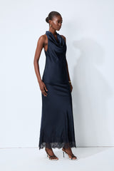 Soft Elegance Blue Bias Cut Lace Hem Maxi Skirt