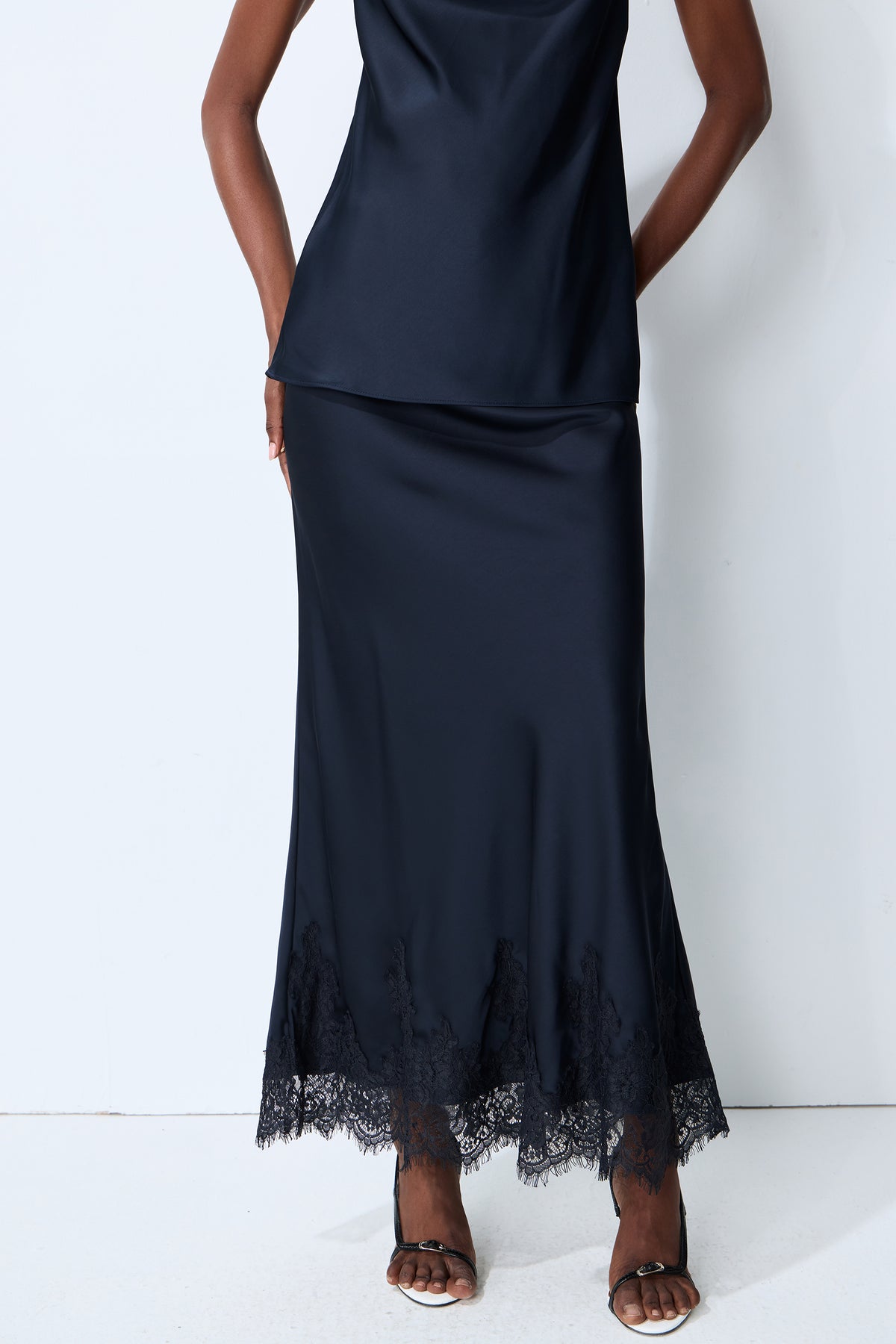 Soft Elegance Blue Bias Cut Lace Hem Maxi Skirt