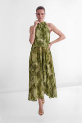 Pure Reverie Green Halter Neck Fringe Maxi Dress