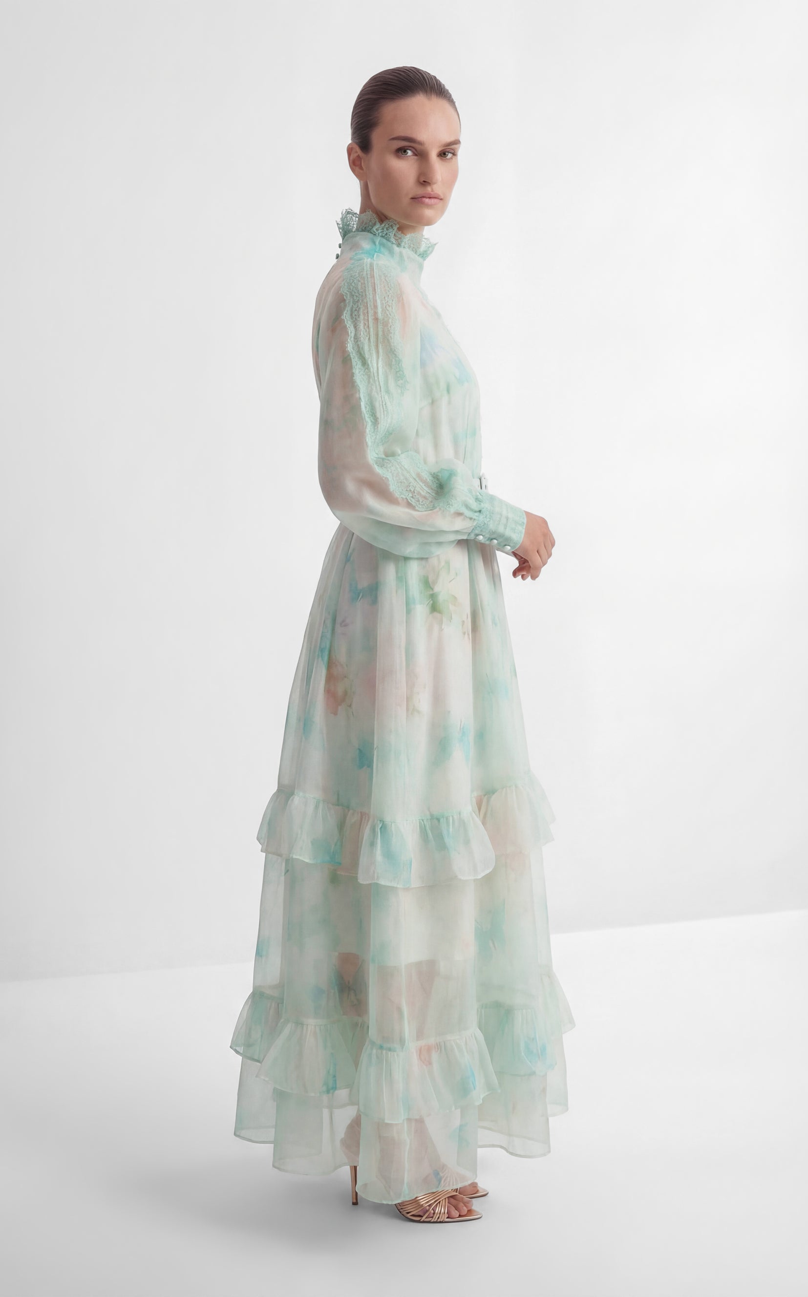 Venus Chartreuse Mint Butterfly Print Tiered Ruffle Maxi Dress