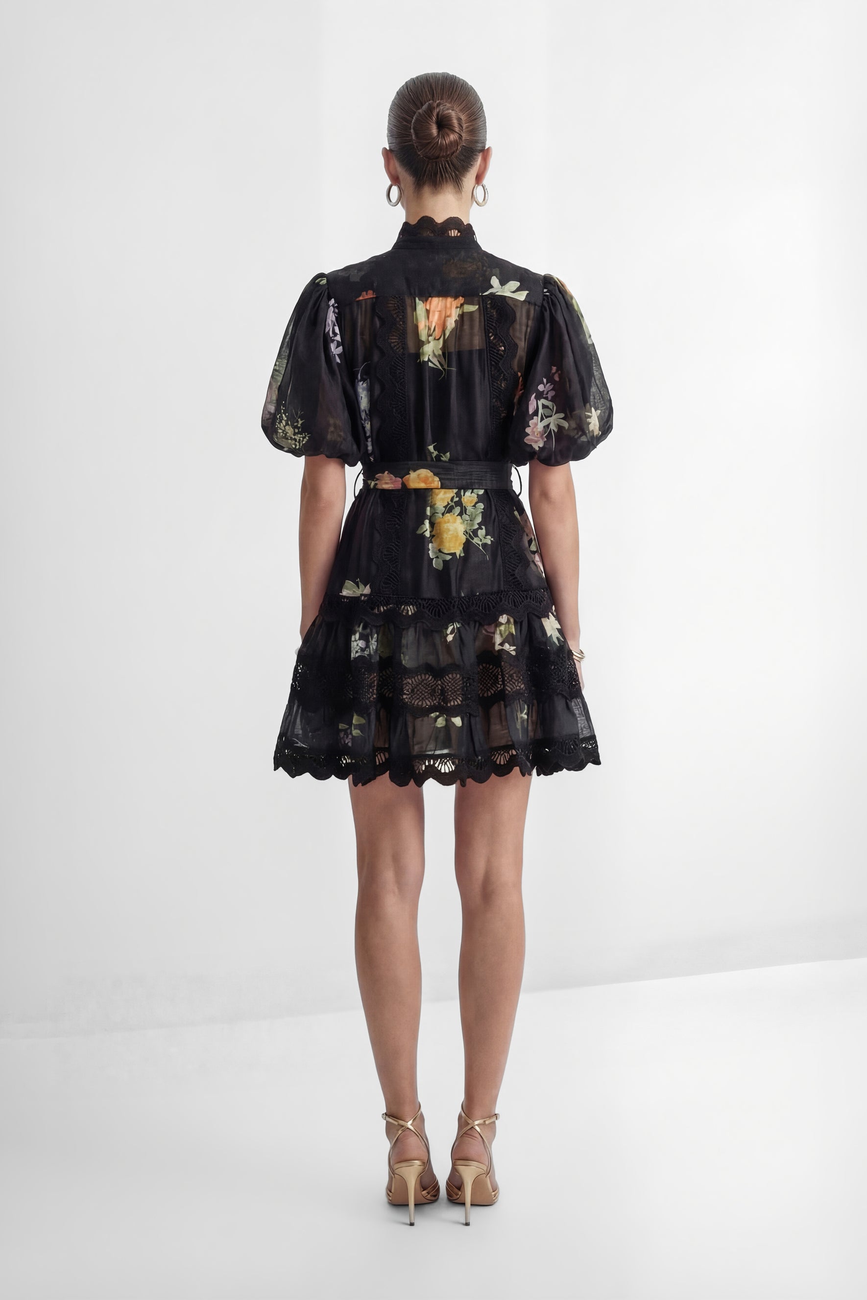 Radiance In The Dark Black Floral Print Lace Trim Mini Dress