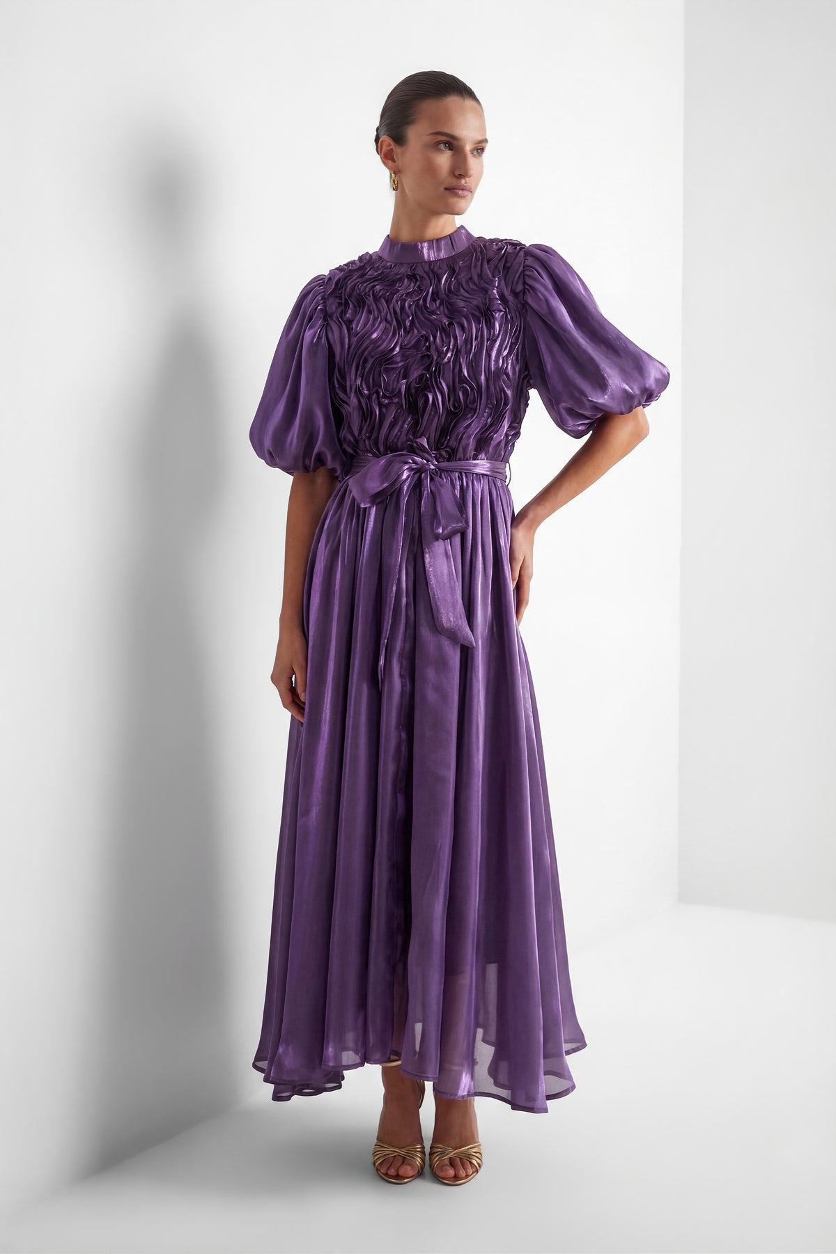 Graceful Darling Purple Ruffled Bodice Puff Sleeve Maxi Dress