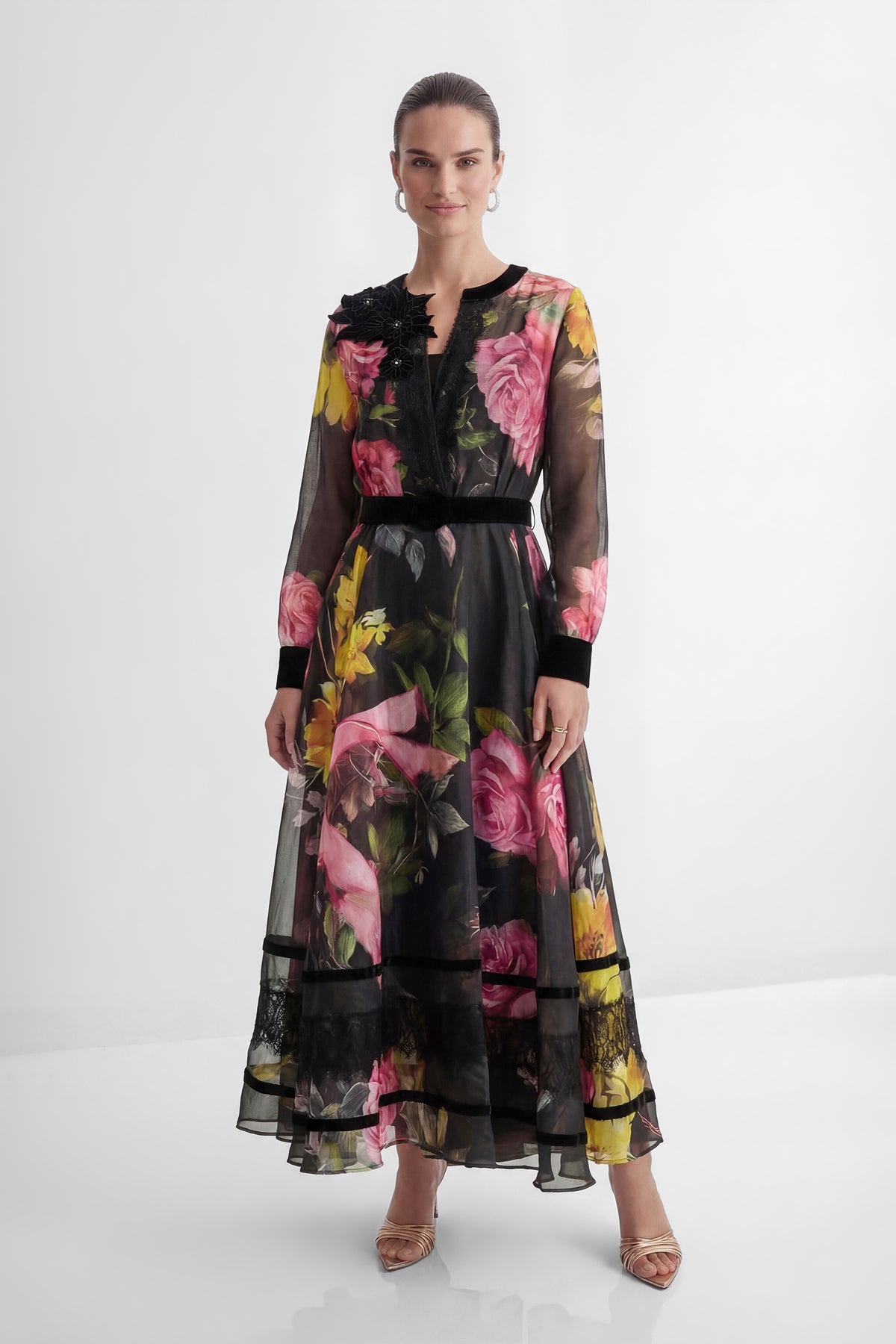 Softly Charming Black Floral Print Velvet Cuff Maxi Dress