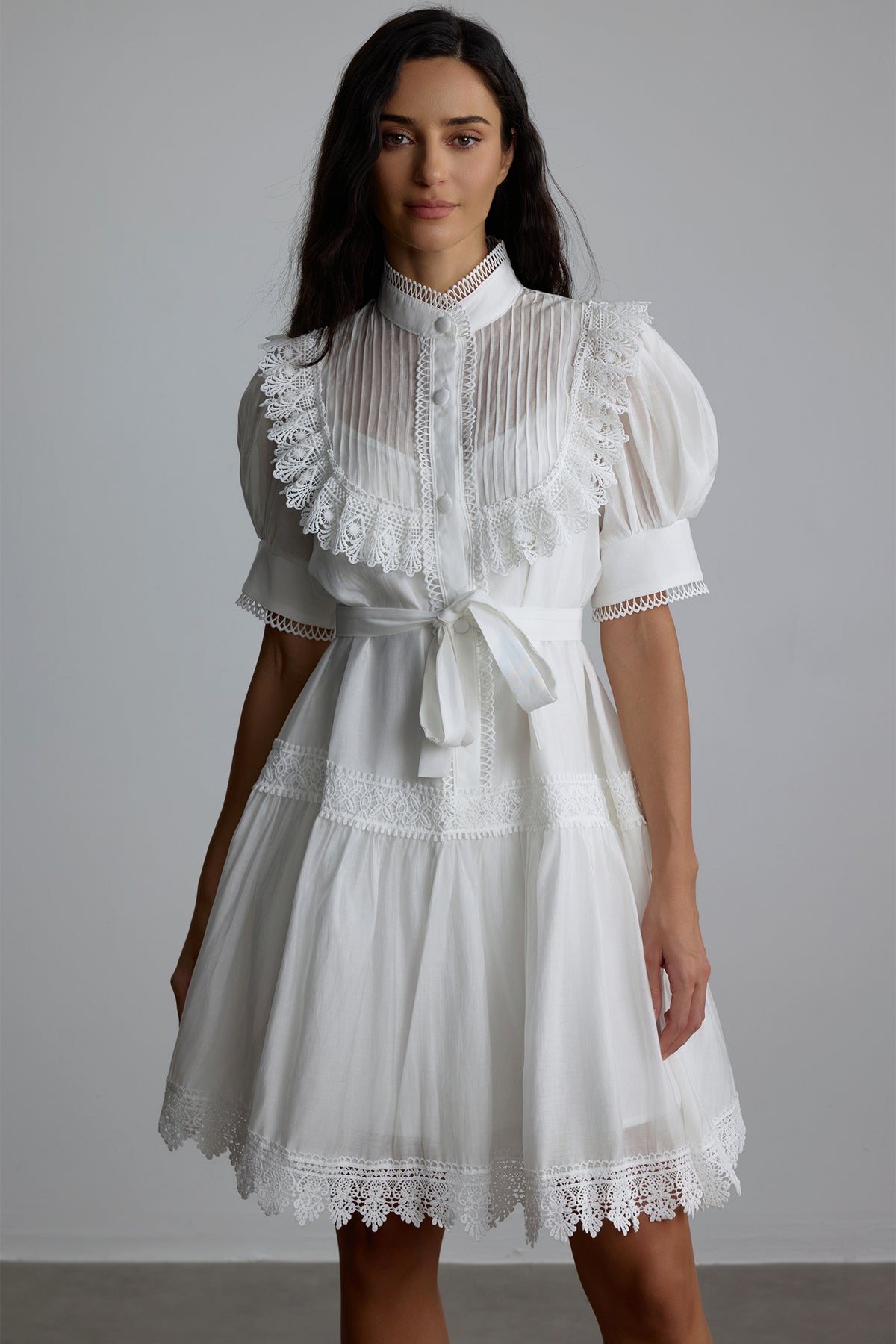 Annette Lace Trim Puff Sleeve Mini Dress