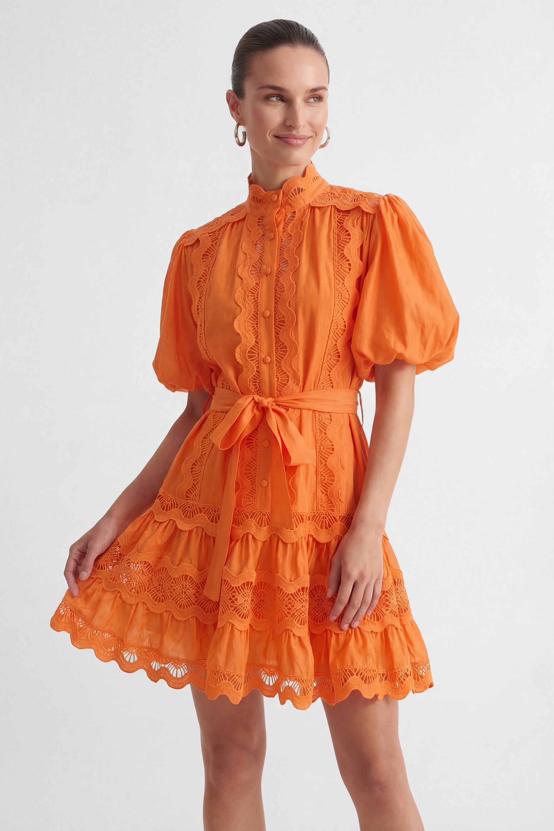 Gorgeous Essence Orange Lace Trim Tiered Mini Dress