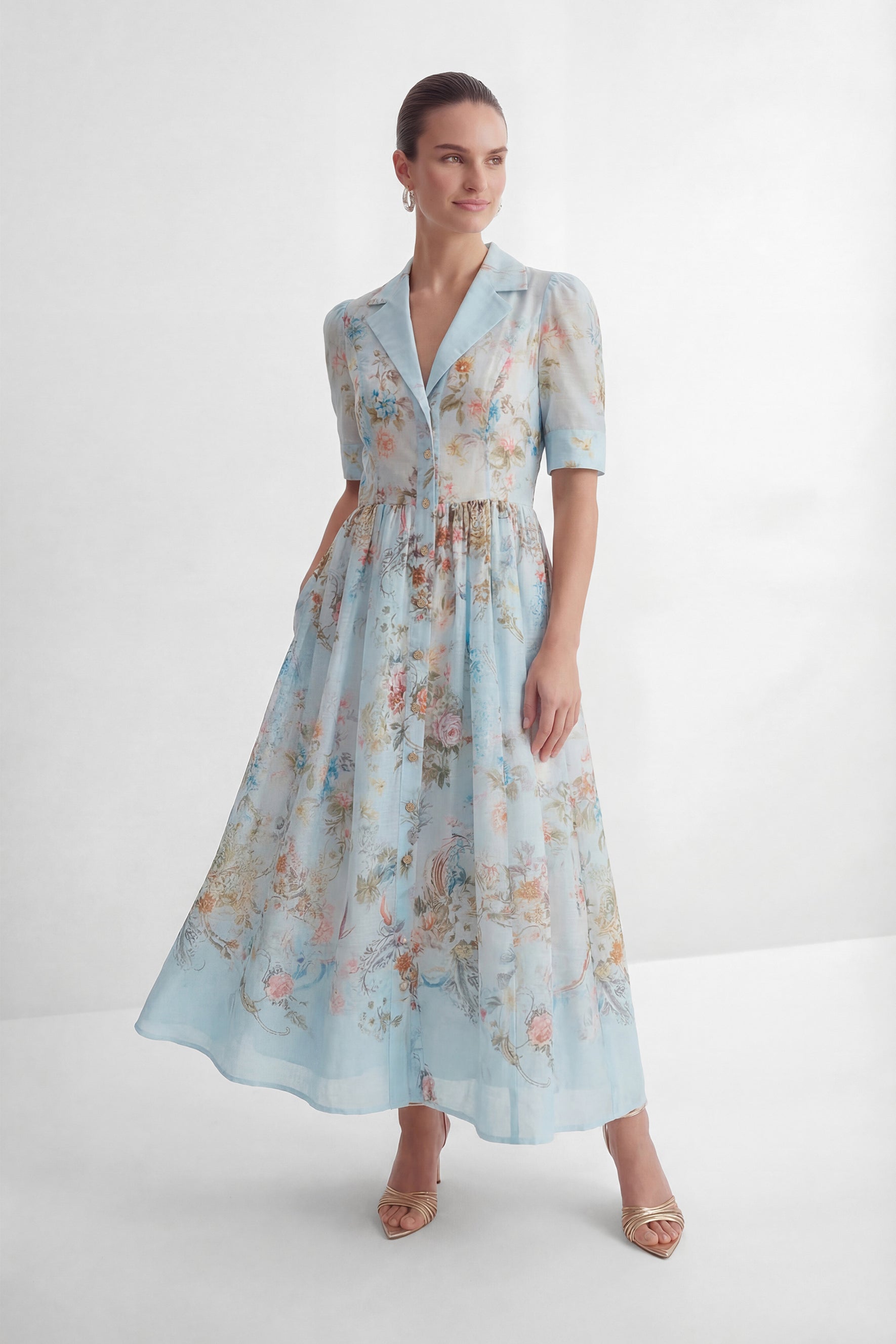 Garden Girl Moment Blue Floral Print Short Sleeve Maxi Dress
