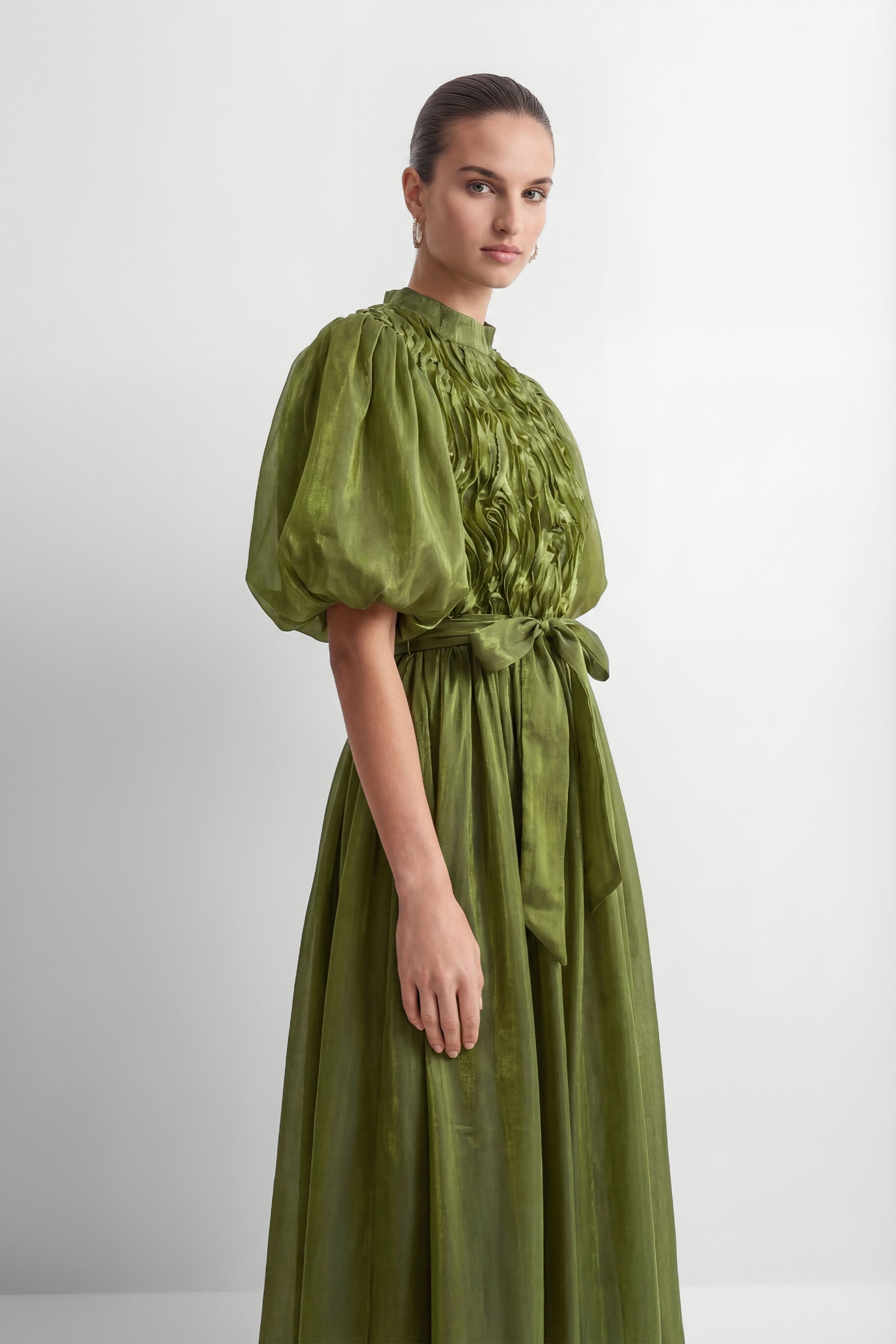 Graceful Darling Green Ruffled Bodice Puff Sleeve Maxi Dress