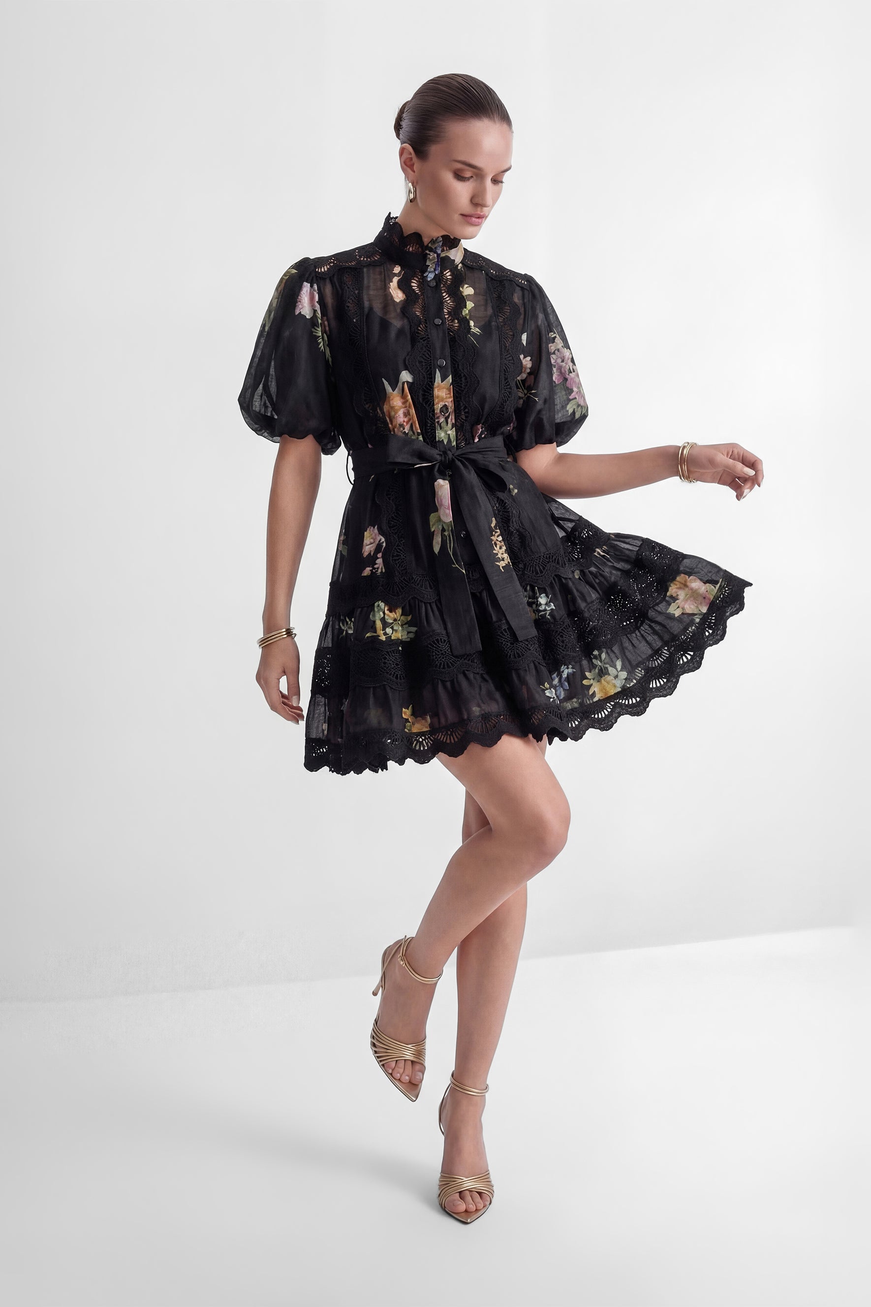Radiance In The Dark Black Floral Print Lace Trim Mini Dress