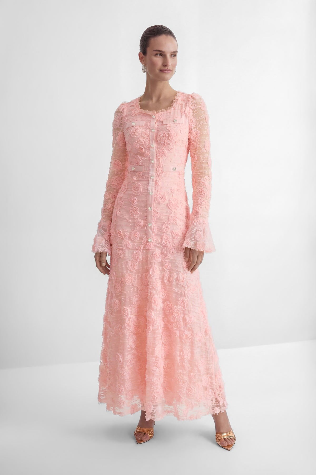 Grace and Beauty Pink Rose Applique Maxi Dress