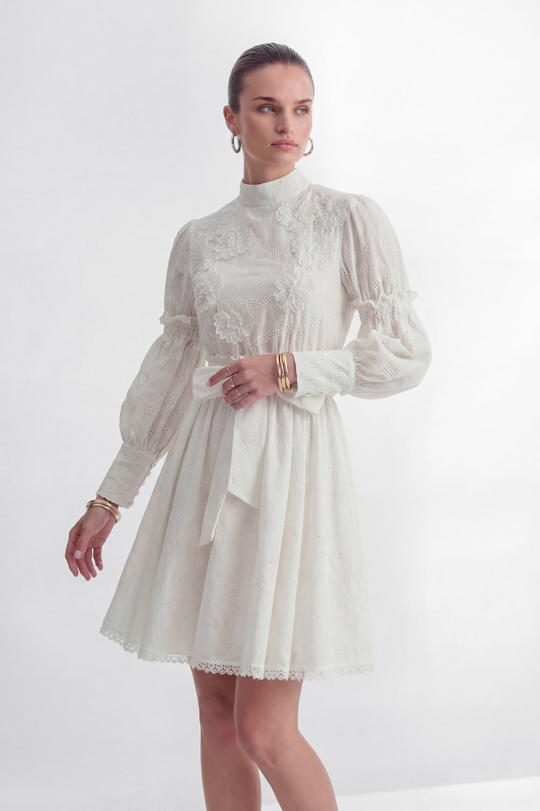 Loveliest Looks White Floral Embroidery Belted Mini Dress