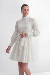 Loveliest Looks White Floral Embroidery Belted Mini Dress