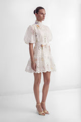 Whimsical Beauty Cream White Floral Print Lace Trim Mini Dress