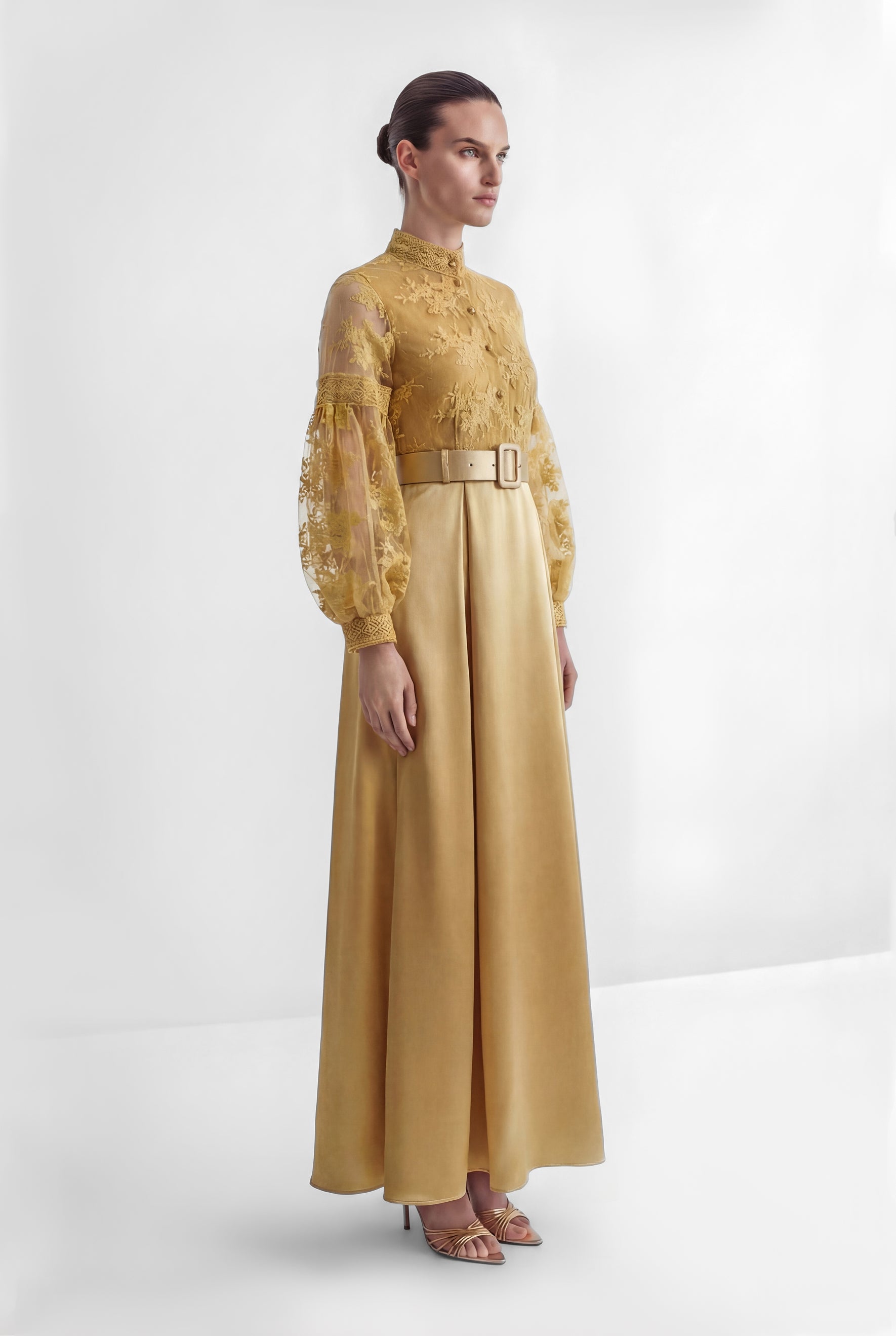 Perfectly Flirtatious Yellow Sheer Lace Sleeve Maxi Dress